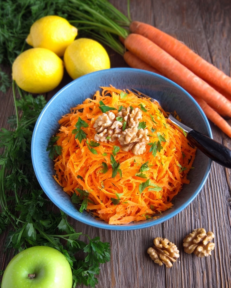 A blue bowl filled with bright orange shredded carrot layered evenly, topped with three walnut pieces and small green parsley leaves scattered on top. A utensil with a black handle rests inside the bowl on the right side. Around the bowl on a brown wooden surface are two whole fresh carrots leaning to the right, two yellow lemons at the top, bright green carrot leaves at the top, and a whole green apple at the bottom left. photo taken with an iphone --ar 4:5 --v 7