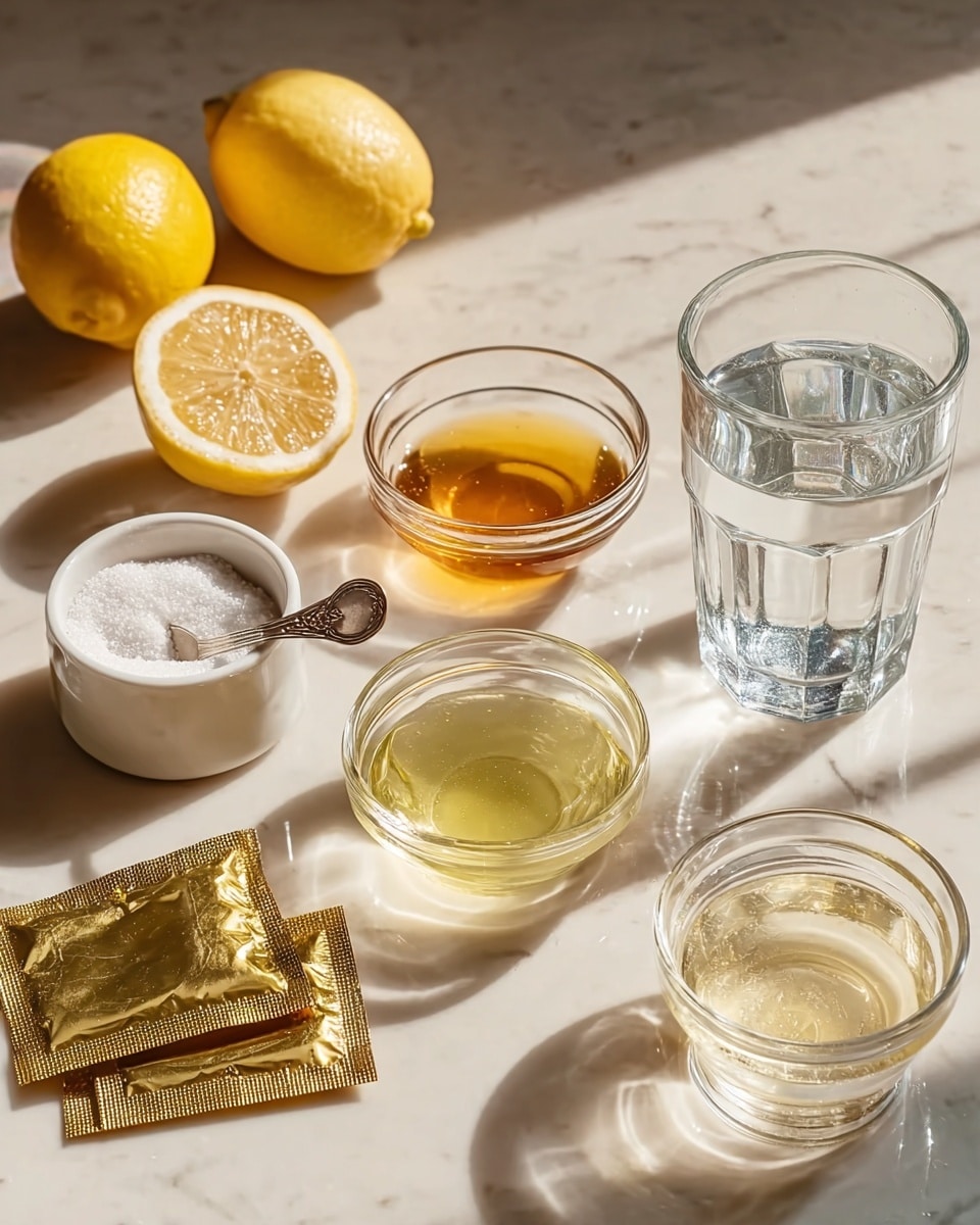 The image shows a white marbled surface with six ingredient containers neatly arranged. At the back, there is a whole lemon and a lemon half showing its bright yellow juicy inside. In front of the lemons, there are three clear glass bowls, one filled with a golden honey-like liquid, another with a pale yellow translucent liquid, and the third with clear water. To the right of the glass bowls is a clear glass tumbler filled with water. On the left side, a small white ceramic cup holds white granulated sugar with a silver spoon resting next to it. In the front left corner, two shiny golden packets lie flat, reflecting the light vividly. The lighting highlights the colors and textures, with soft shadows following the shapes. photo taken with an iphone --ar 4:5 --v 7