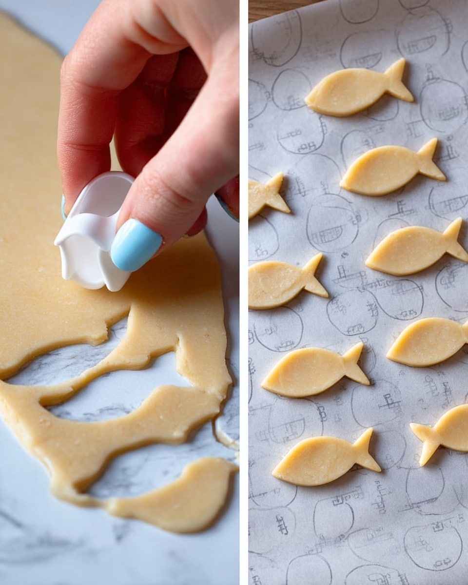 The image is split into two side-by-side scenes on a white marbled surface. On the left, a pair of woman's hands with light blue nail polish are holding and gently pressing a small, soft ball of pale yellow dough. The dough looks smooth but slightly thick. On the right, a wooden rolling pin with the name
