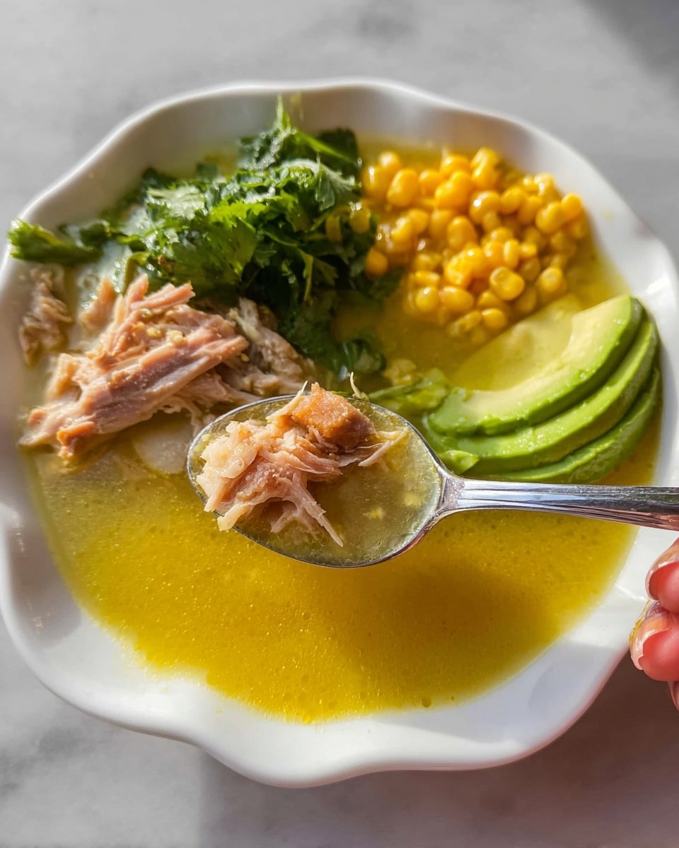 A close-up image shows a bowl of yellow soup with four main visible layers. The bottom layer is the yellow soup broth that fills the bowl. On the left side, there are pieces of shredded light pink meat. Above and to the left of the meat is a small bunch of fresh green leafy herbs. Next to the meat on the right side is a small pile of bright yellow corn kernels. On the right side of the bowl is sliced green avocado fanned out over the soup. A silver spoon held by a woman's hand is scooping some of the soup with meat, positioned on the right side of the frame. The bowl is white with a wavy edge, placed on a white marbled surface. The photo taken with an iphone --ar 4:5 --v 7