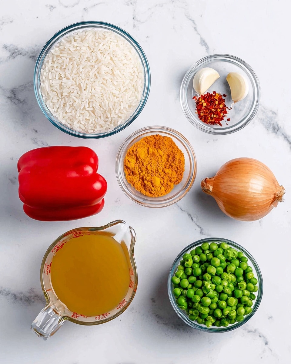 The image shows ingredients arranged neatly on a white marbled surface. There is a clear glass bowl filled with uncooked white rice at the top left. To the right of the rice, two cloves of garlic are placed above a small clear bowl holding bright orange turmeric and red chili flakes together. Below the garlic and spices, there is a whole brown onion next to a shiny red bell pepper. At the bottom left, there is a clear glass measuring jug filled with golden chicken stock or broth. In the center, a small clear bowl contains green frozen peas. All items are spaced evenly, creating a clean and organized look. Photo taken with an iphone --ar 4:5 --v 7