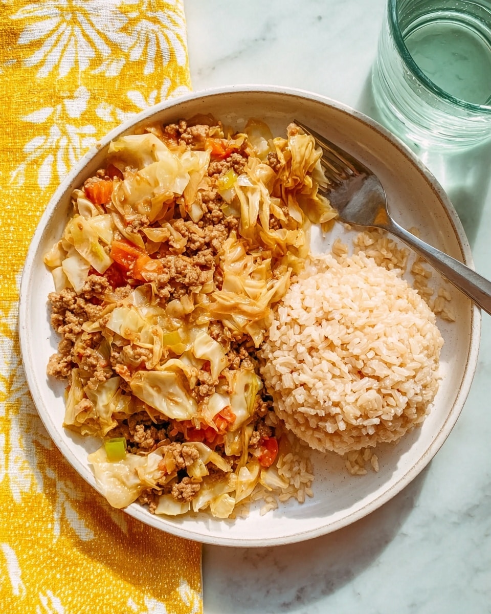 A large light green cast iron pot filled with cooked cabbage pieces mixed with cooked ground meat and tomato sauce, the cabbage is soft and pale yellow with red tomato bits scattered throughout. There is a wooden spoon resting inside the pot on the left side, partially submerged in the cabbage and meat mixture. To the right of the pot, there is a white round bowl filled with plain cooked white rice. The pot and bowl are placed on a white marbled surface, and a white cloth with green stripes is folded neatly to the left of the pot. The overall look is warm and rustic. photo taken with an iphone --ar 4:5 --v 7