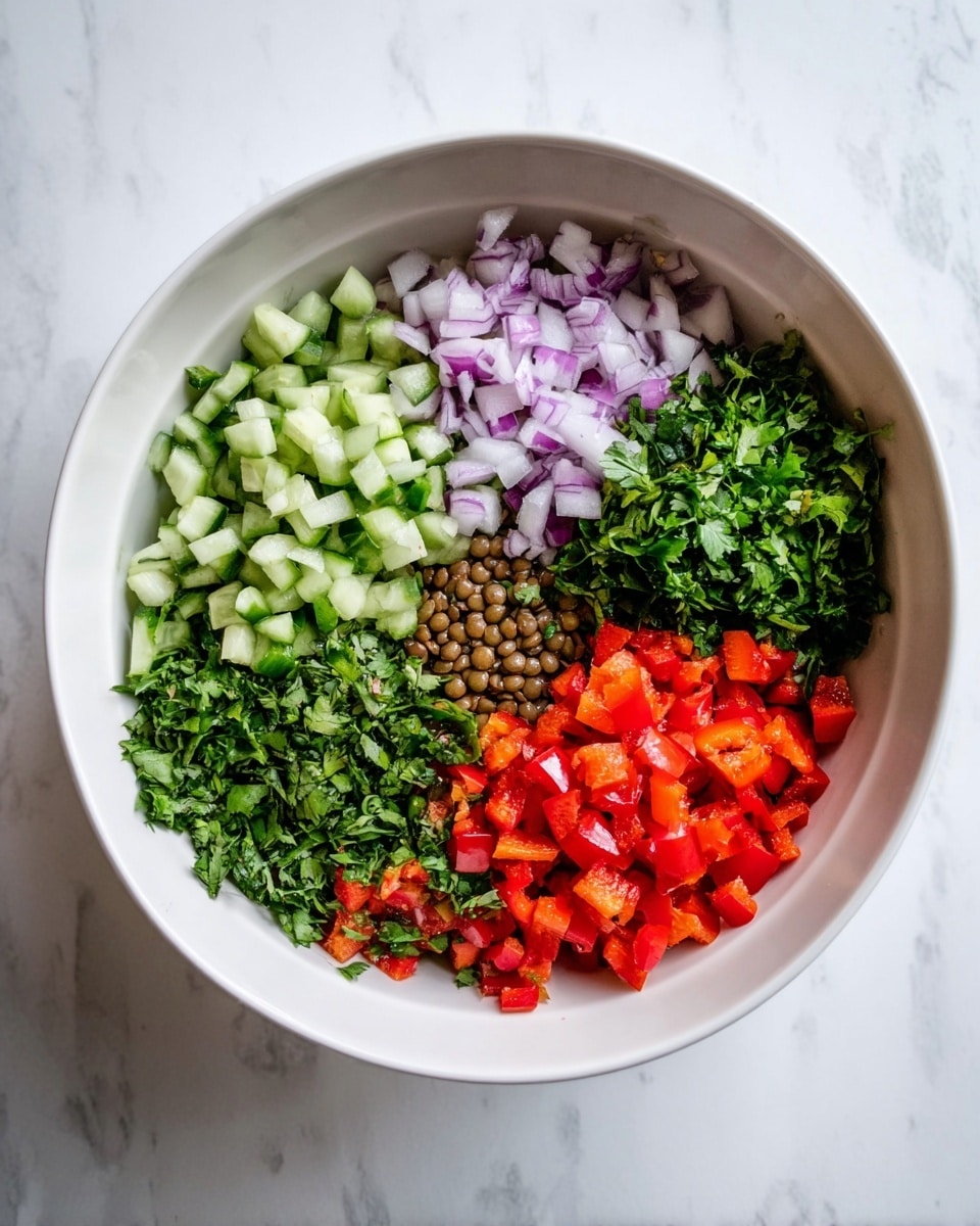 A white bowl on a white marbled surface holds six layers of chopped ingredients arranged neatly in sections. Starting at the top and moving clockwise, there are small light green cucumber pieces with a firm texture, followed by chopped light purple onions showing smooth cube shapes. Next is a bunch of bright green leafy herbs, and beside them, finely chopped darker green herbs. In the center of the bowl, there is a small pile of brown lentils with a round, smooth texture. The last section holds bright red bell pepper pieces, cut into small cubes with a glossy finish. photo taken with an iphone --ar 4:5 --v 7