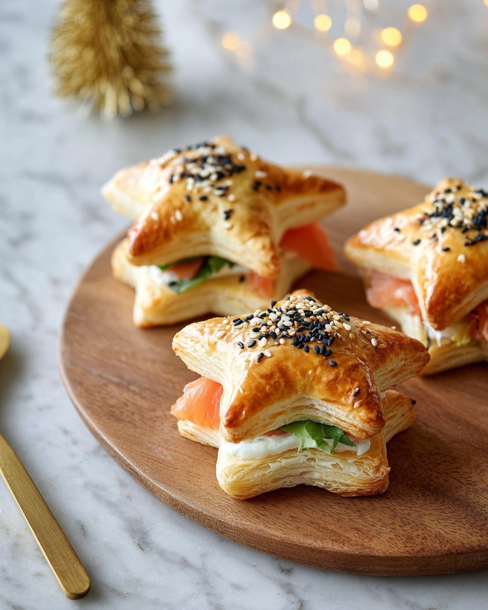 The image shows star-shaped pastries on a round wooden board placed on a white marbled surface. Each pastry has two layers of golden-baked dough with a soft texture inside. Some stars are plain with a sprinkle of black and white sesame seeds on top. One star is open-faced with a thick layer of white cream cheese and topped with thin slices of pink salmon and a small green herb for garnish. The board is near two small, light brown decorative Christmas trees with a sparkly texture. Photo taken with an iphone --ar 4:5 --v 7