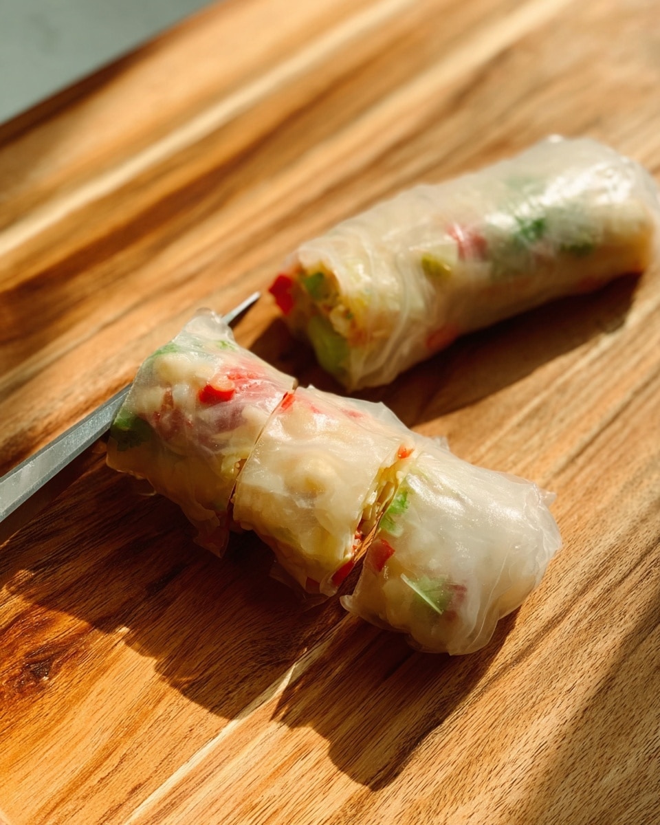 A close-up of two fresh spring rolls on a wooden board, one being sliced into three pieces with a knife. Each spring roll is wrapped with thin, translucent rice paper showing a colorful mix inside that includes small green herbs, red bits, and pale yellow filling, giving a soft and fresh look. The light shines on the surface, emphasizing the smooth and slightly shiny rice paper texture and the vibrant mixed filling inside. The wooden board underneath has a warm brown tone with visible wood grain lines and soft shadows from the light. photo taken with an iphone --ar 4:5 --v 7