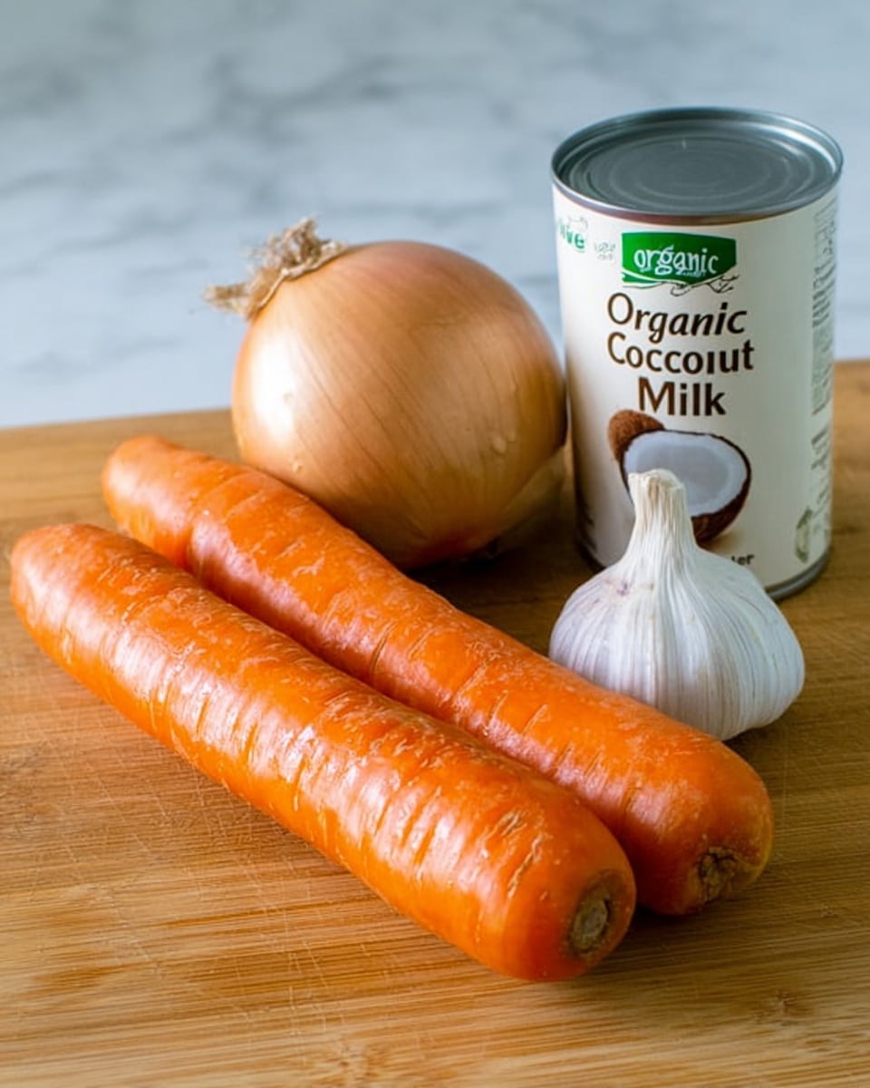 This image shows four food items arranged closely on a light brown wooden cutting board. In the front, there are two large bright orange carrots lying side by side, with visible texture lines on their surfaces. Behind them, there is a round onion with light brown, slightly shiny peel. Next to the onion, a bulb of garlic with pale white skin is visible. To the far right, a white can labeled