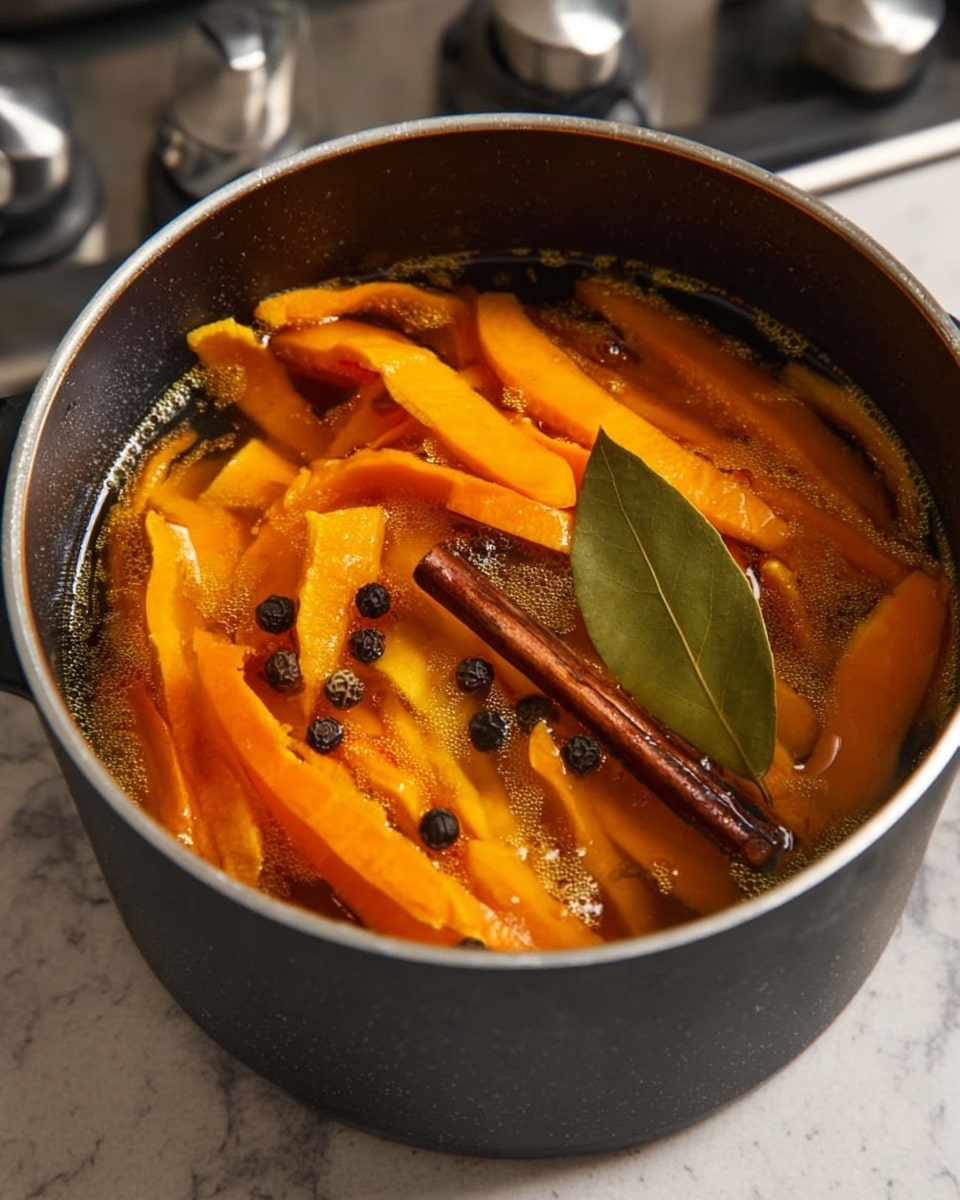 A black pot filled with orange carrot peel strips floating in a light brown liquid, mixed with dark round peppercorns, a brown cinnamon stick, and a green bay leaf floating on top; the pot sits on a stove with silver knobs, all placed on a white marbled textured surface photo taken with an iphone --ar 4:5 --v 7