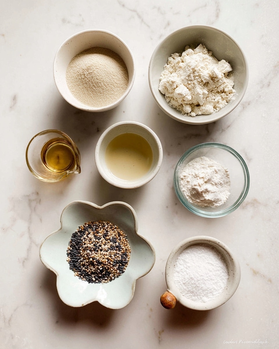 The image shows seven small white bowls arranged on a white marbled surface. The top row has two bowls, one with light beige powder and the other filled with white powder with a crumbly texture. Below them are three smaller bowls: one with a light golden liquid, one with a small amount of white powder shaped unevenly at the edges, and one clear glass bowl with a brown wooden handle containing a clear liquid. At the bottom left there is a flower-shaped white dish holding a mix of black, white, and beige seeds or grains, and to the right of it is a small white bowl with a fine white powder. photo taken with an iphone --ar 4:5 --v 7