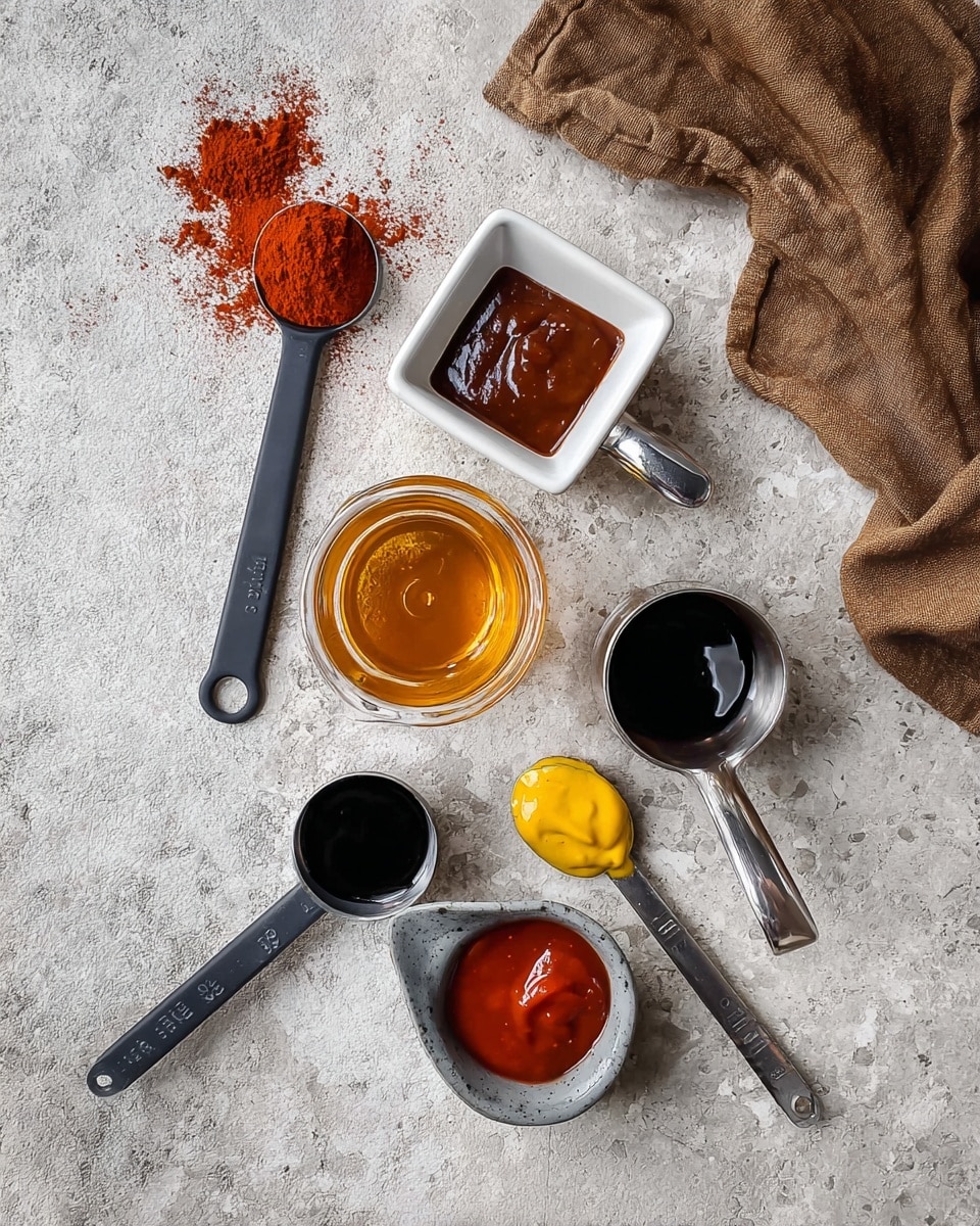 The image shows six small containers with different sauces and spices arranged on a light gray stone surface, with a brown cloth to the upper right. Starting from the top left, there is a small white square dish filled with dark brown sauce, next to it a black measuring spoon holding a heap of bright red powder with some spilled around it, below this a clear measuring cup holding an amber liquid, near the center a small silver cup filled with black sauce, to its right a black measuring spoon with a small dollop of bright yellow mustard, and at the bottom a little gray ceramic bowl filled with shiny red sauce. The background changes to a white marbled texture. photo taken with an iphone --ar 4:5 --v 7