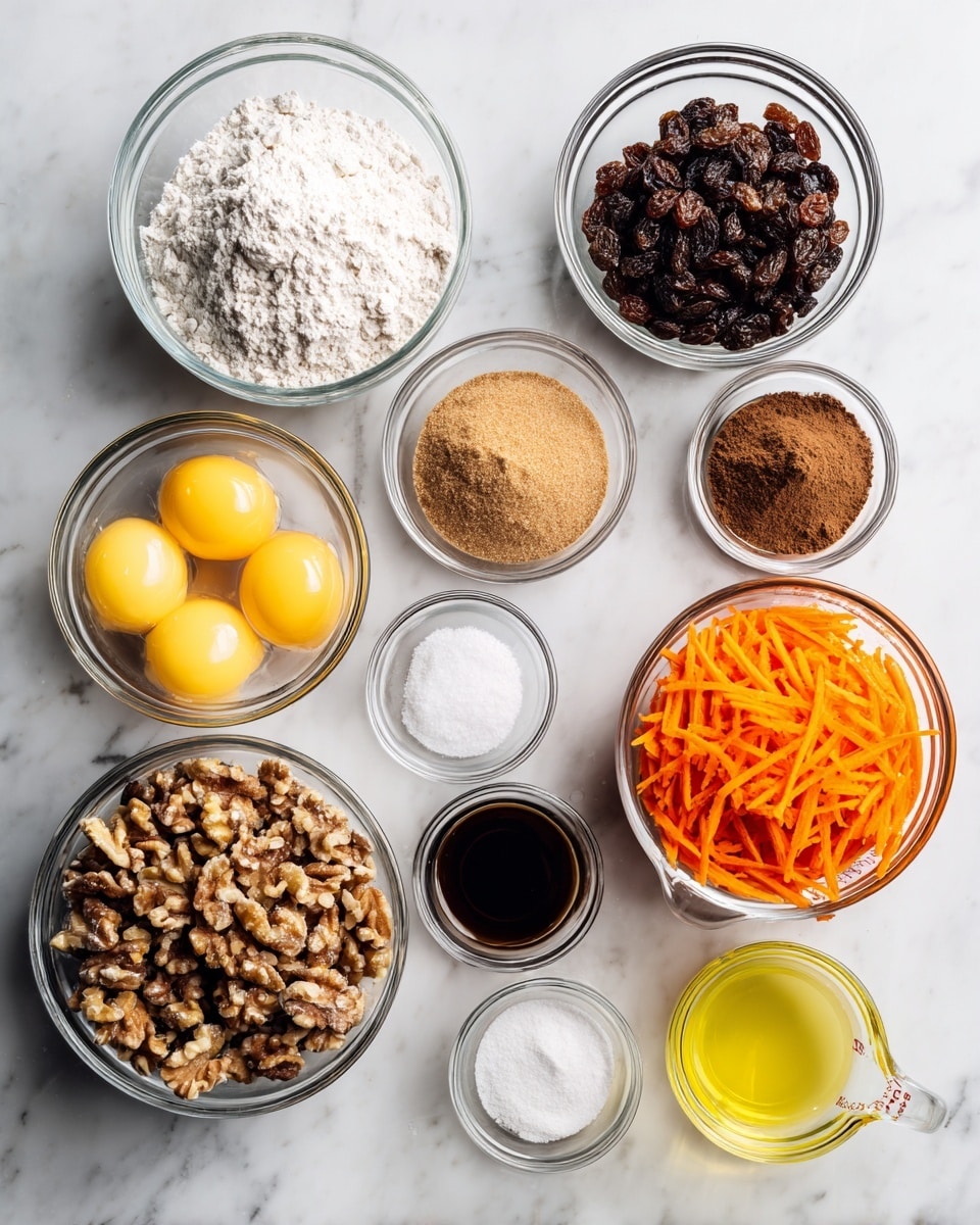 A white marbled surface holds eleven clear glass bowls arranged in a loose grid, each filled with different baking ingredients. The largest bowl near the center bottom contains bright orange grated carrots with a rough texture. To its left is a smaller bowl with chopped brown nuts, coarse and uneven in size. Above the carrots and nuts are bowls filled with light yellow mashed pineapple, dark brown raisins, and crumbly light brown sugar. To the left of the raisins is a large bowl with white flour that looks powdery. Nearby are a bowl with four raw yellow egg yolks in clear liquid, a smaller bowl filled with smooth white granulated sugar, and a clear measuring cup with a pale yellow liquid next to them. Two very small bowls contain fine white salt and a brown powder of cinnamon, with a very small bowl of dark liquid vanilla extract beside them. The whole setup looks clean and organized on the white marbled background. Photo taken with an iphone --ar 4:5 --v 7