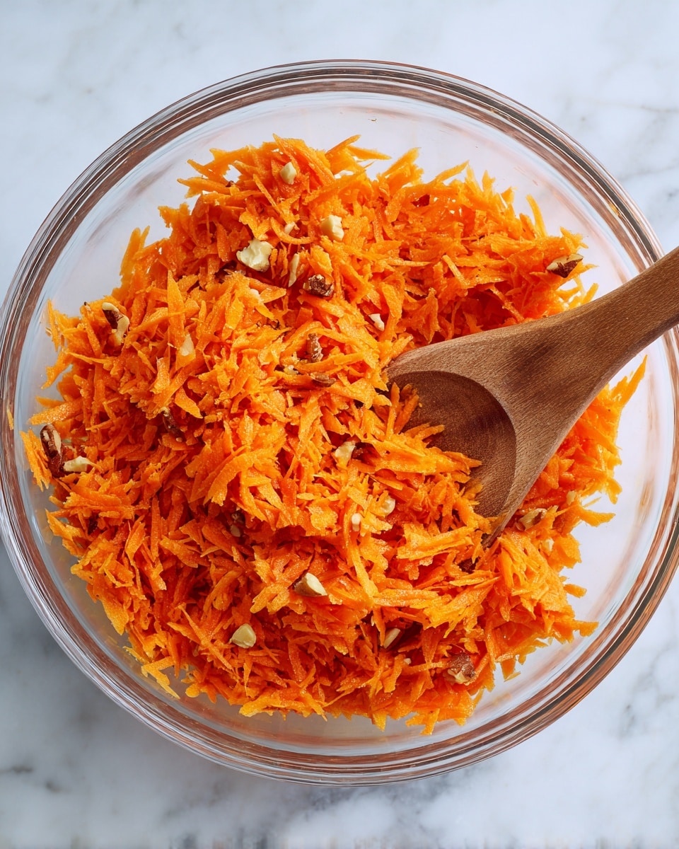 A clear glass bowl filled with a thick layer of bright orange grated carrots, mixed with small pieces of light brown nuts scattered on top. A wooden spoon rests in the bowl, with its handle extending outwards towards the edge of the bowl. The bowl sits on a white marbled surface. photo taken with an iphone --ar 4:5 --v 7