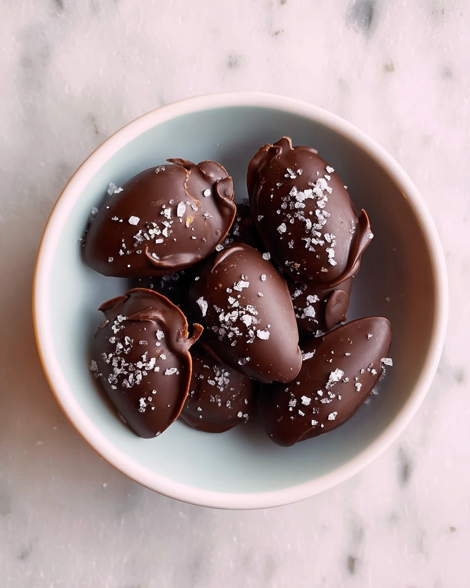 A top view of a white bowl holding six chocolate-covered almond shapes, each coated in smooth, dark brown chocolate with a shiny finish; sprinkled lightly with coarse sea salt flakes that add texture and a touch of brightness. The bowl sits on a white marbled surface, creating a clean and simple setting. photo taken with an iphone --ar 4:5 --v 7