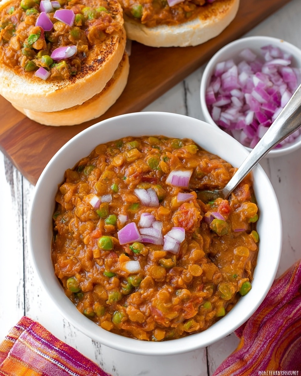 A white bowl filled with a thick, brownish-orange lentil mixture speckled with small green and red pieces, topped with small chunks of chopped purple onions. A silver spoon rests inside the bowl on the right side. Above the bowl, there is a white marbled surface holding a split toasted bread bun topped with the same lentil mixture and finely chopped purple onions. To the top left, a white bowl with chopped purple onions sits partially visible on a white marbled surface. The entire setting is on a wooden table with a red cloth partially visible beneath the white bowl. Photo taken with an iphone --ar 4:5 --v 7