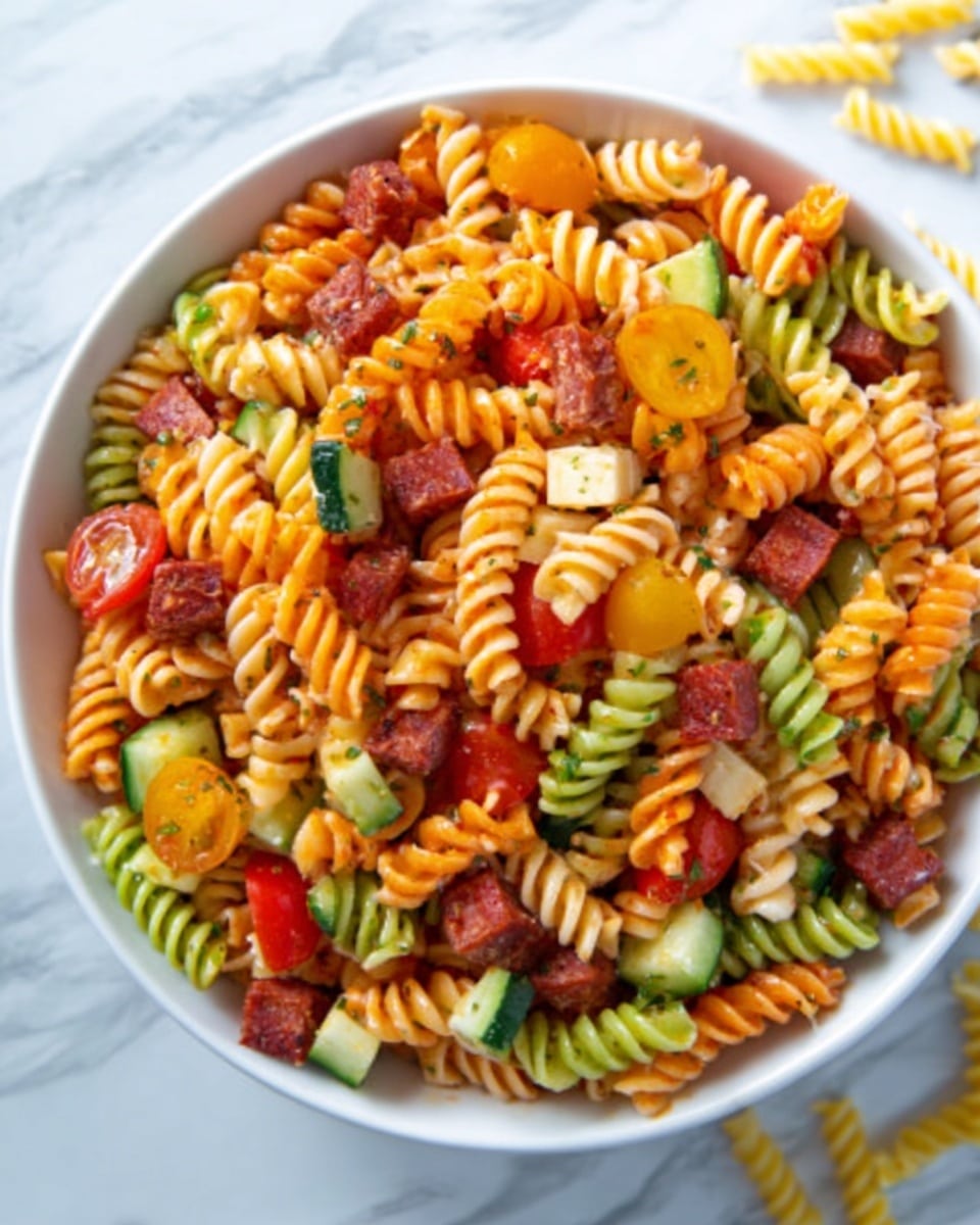 The image shows a white bowl filled with tri-color spiral pasta mixed with black olives, small white mozzarella balls, and small red pepper pieces. A metal spoon scoops some pasta and toppings from the bowl, with a few olives scattered outside on the white marbled surface. A white cloth with red stripes is partially visible near the bowl. The pasta spirals are mostly red, green, and light yellow, creating a colorful and textured look. Photo taken with an iphone --ar 4:5 --v 7