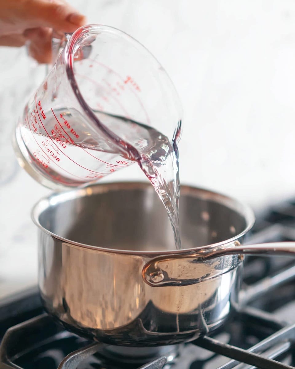 A clear measuring cup with red markings is tilted, pouring water into a shiny silver cooking pot on a stove with black grates. A woman's hand holds the handle of the measuring cup, and the background is softly blurred. The scene rests on a white marbled surface. photo taken with an iphone --ar 4:5 --v 7