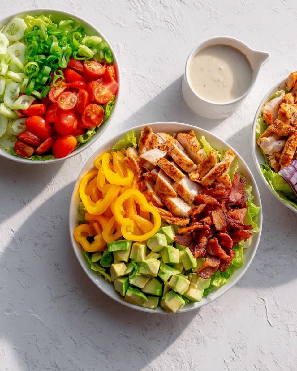 Three white bowls are shown on a white marbled surface, each filled with layers of fresh salad ingredients. Each bowl contains green lettuce leaves as the base; topped with sliced green onions on the top left, halved red and yellow cherry tomatoes below; colorful ring-shaped yellow and orange bell peppers in the center, cubed green avocado pieces below them, grilled light brown chicken slices on the top right, and crispy small bacon pieces next to the chicken. To the right of the bowls, there is a white cup of creamy light-colored dressing. The lighting is bright and natural, highlighting the fresh textures and vivid colors of the ingredients photo taken with an iphone --ar 4:5 --v 7