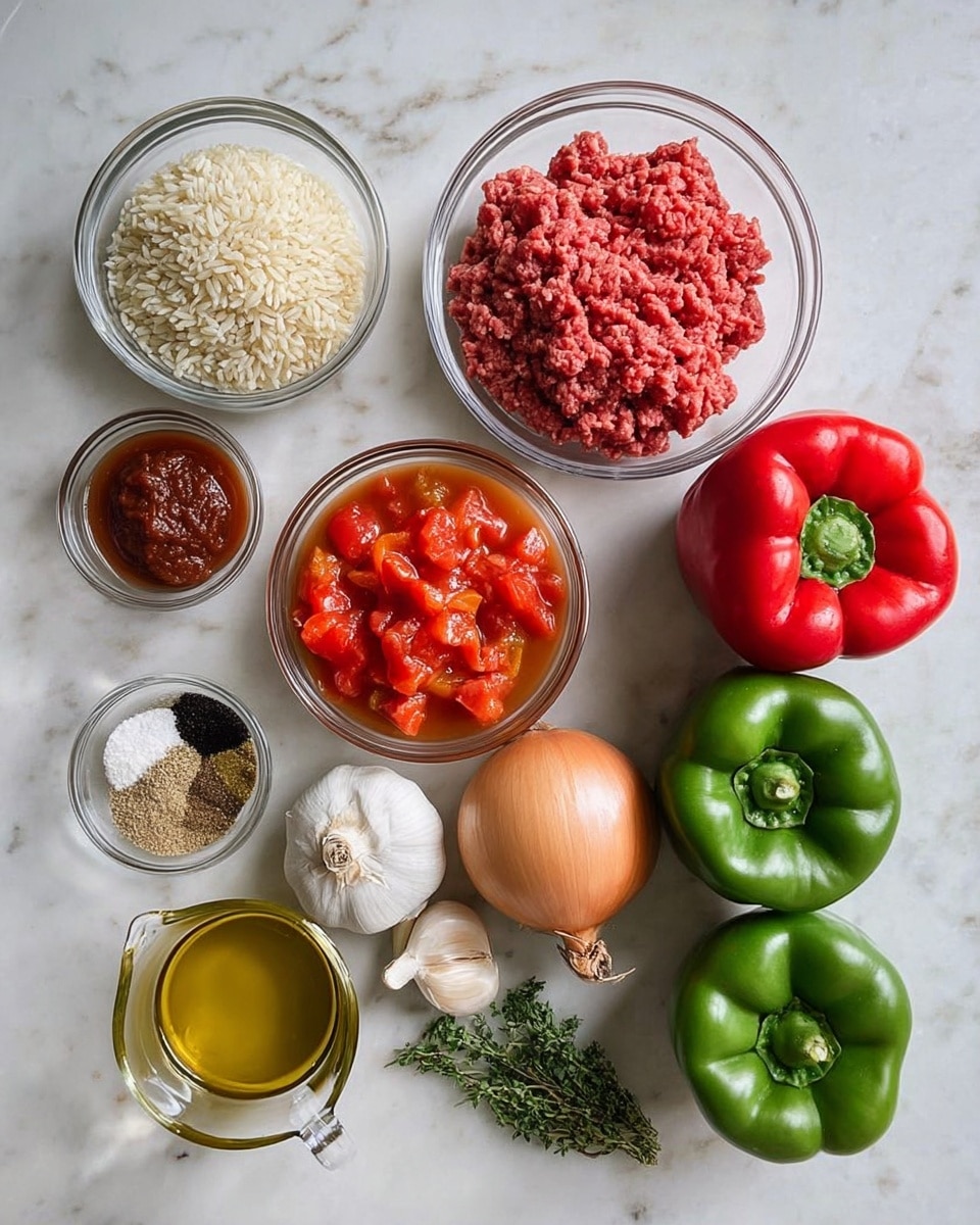 The image shows several clear glass bowls and whole vegetables arranged on a white marbled surface. There is one bowl of pale rice grains, one bowl of raw red ground meat, and one bowl of diced tomatoes in red sauce placed near the center. A small bowl with dark red tomato paste is beside the rice, and a tiny bowl with mixed spices in shades of beige, black, and brown is close to the onions and garlic. There are three green bell peppers and one large red bell pepper positioned on the right side, along with a whole yellow onion, three garlic cloves, and a small bundle of fresh green herbs. A clear glass measuring cup holding a light brown liquid and a small bowl with golden olive oil are also present in the scene. The overall look is neat and colorful with a focus on fresh ingredients photo taken with an iphone --ar 4:5 --v 7