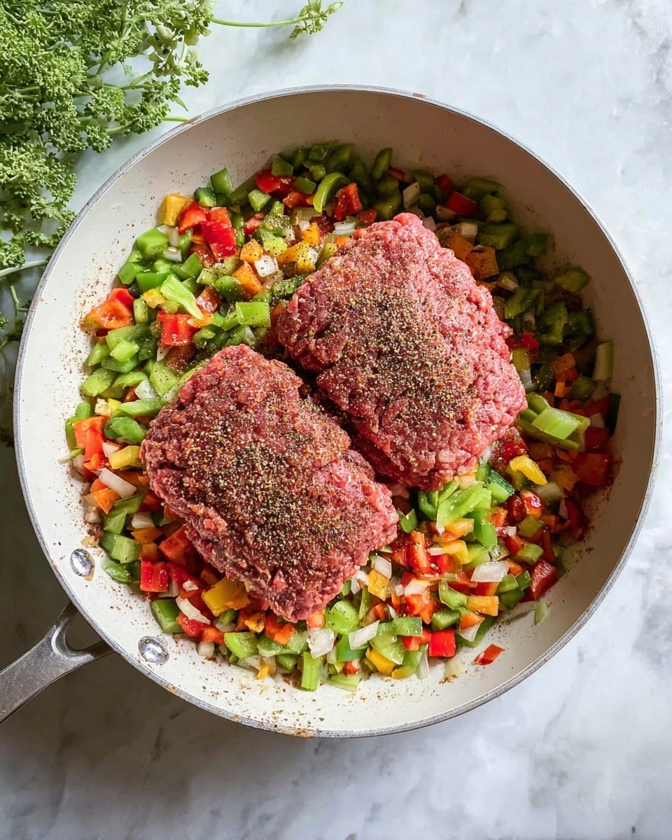 A white deep pan filled with finely chopped green and red bell peppers and onions forming a colorful and textured base layer around the edges. In the center, two thick, raw, pink meat patties are placed on top, sprinkled with a mix of dark brown and black spices, adding contrast to the bright vegetables. The pan is set on a white marbled surface with some greenery visible at the top left corner. The scene is bright and natural, focusing on the fresh ingredients. photo taken with an iphone --ar 4:5 --v 7