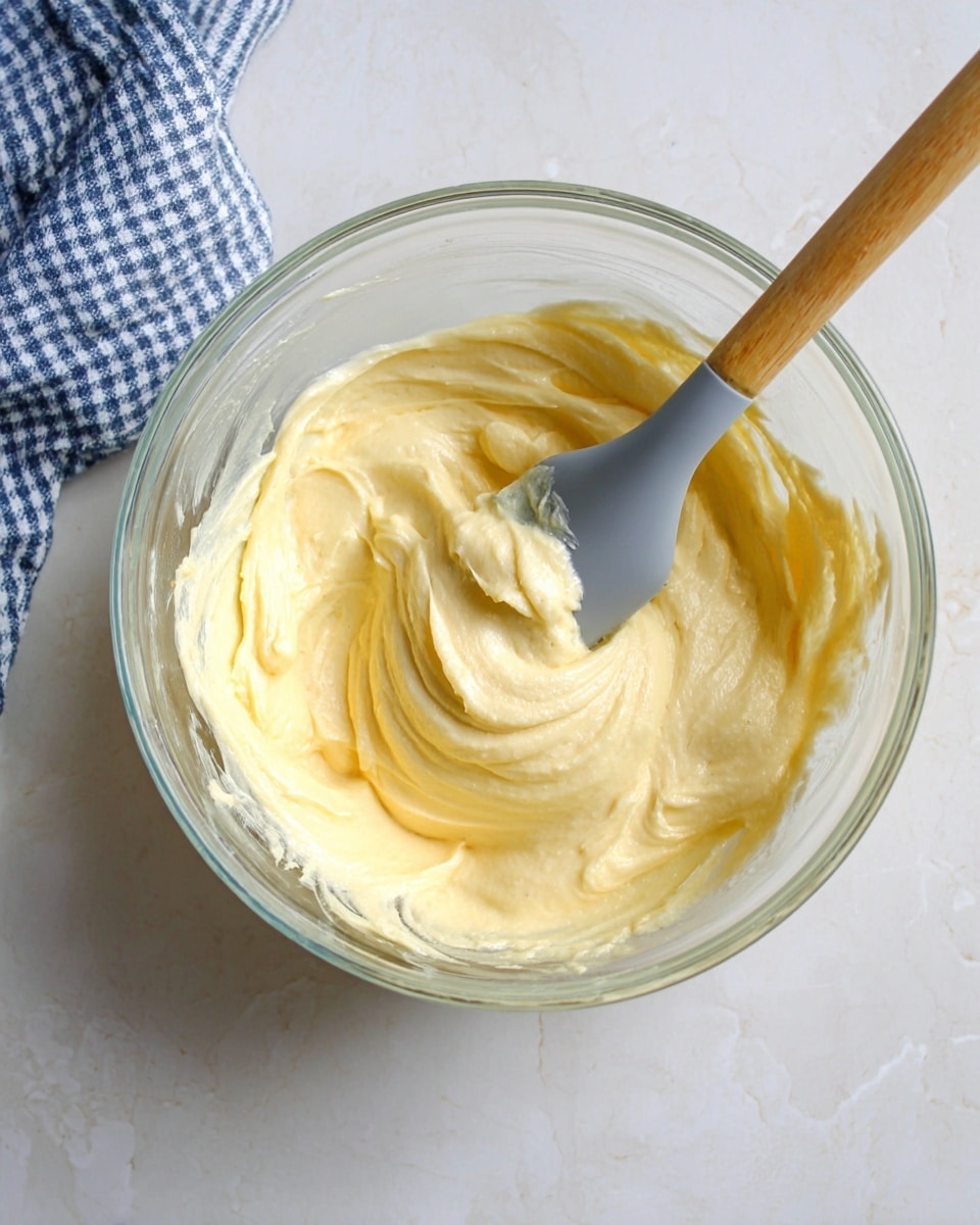 A clear glass bowl sits on a white marbled surface with a creamy pale yellow mixture inside, showing smooth and thick texture with gentle swirls. A gray spatula with a light wooden handle rests in the bowl, partially covered with the mixture. To the left side, part of a blue and white checkered cloth is visible. The overall setting has a soft, clean look with natural light. photo taken with an iphone --ar 4:5 --v 7