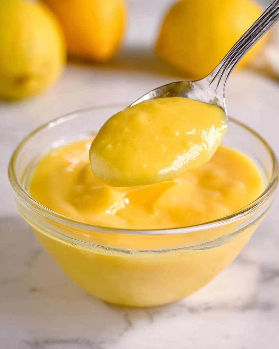 A close-up view of a clear glass bowl filled halfway with smooth, bright yellow sauce, showing a thick and creamy texture. A silver spoon is held just above the bowl, coated with a generous scoop of the same yellow sauce, catching the light to highlight its rich, glossy surface. In the background, out of focus, are some yellow lemons placed on a white marbled surface. The photo is taken with an iphone --ar 4:5 --v 7