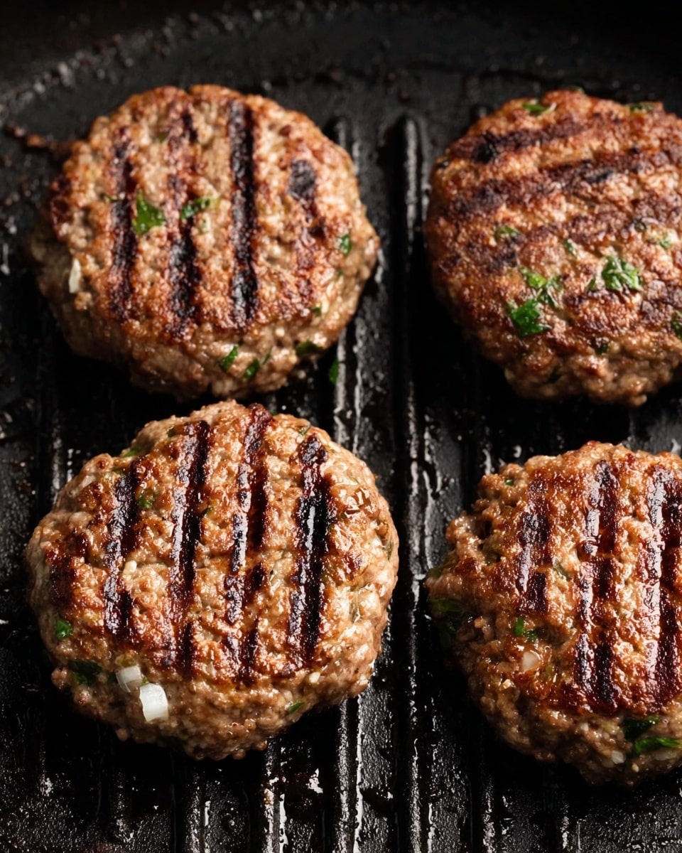 The image shows four round burger patties cooking on a black grill pan. Each patty has two dark brown grill marks running across the top, with a slightly rough and uneven texture. The patties look juicy, with small bits of green herbs and white pieces mixed inside. The grill pan has visible grease spots and ridges, and the patties are spaced evenly, two on top and two on the bottom. photo taken with an iphone --ar 4:5 --v 7