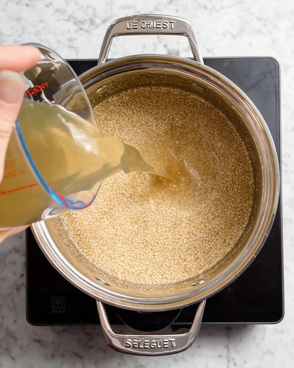 The image shows a stainless steel pot filled with light beige rice grains at the bottom. A woman's hand is pouring a clear, bubbling liquid from a transparent measuring cup into the pot, covering the rice. The pot is placed on a black electric stove, and the background is a white marbled texture. The metal pot handle with the brand