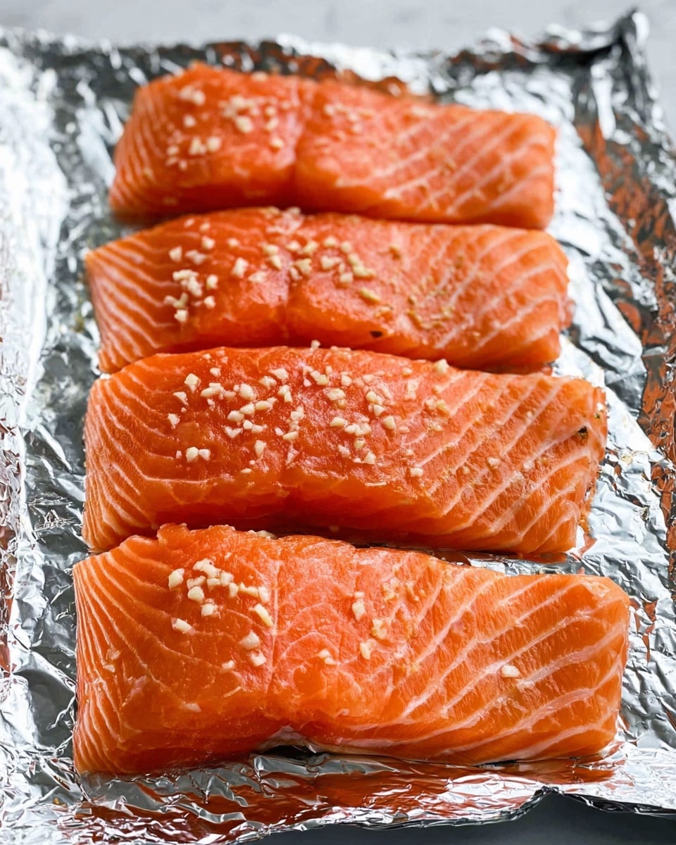 The image shows four raw salmon fillets placed side by side on aluminum foil. The salmon pieces are bright orange with white lines running through them in a natural pattern. Small bits of minced garlic or seasoning are scattered evenly over the tops of the fillets. The foil beneath the salmon is shiny and crinkled, reflecting light. The shot is taken closely from the front, making the salmon the main focus against a subtle white marbled background. photo taken with an iphone --ar 4:5 --v 7