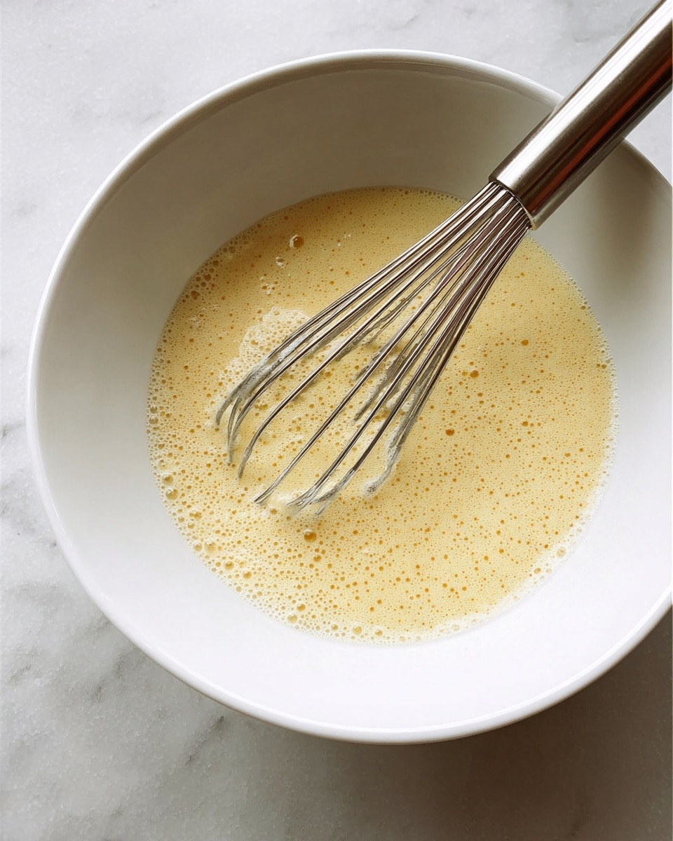 A white bowl filled with a light yellow, frothy liquid batter that has many small bubbles on its surface. Inside the bowl, a metal whisk with a shiny handle rests diagonally, partially submerged in the batter. The bowl is placed on a white marbled surface. Photo taken with an iphone --ar 4:5 --v 7