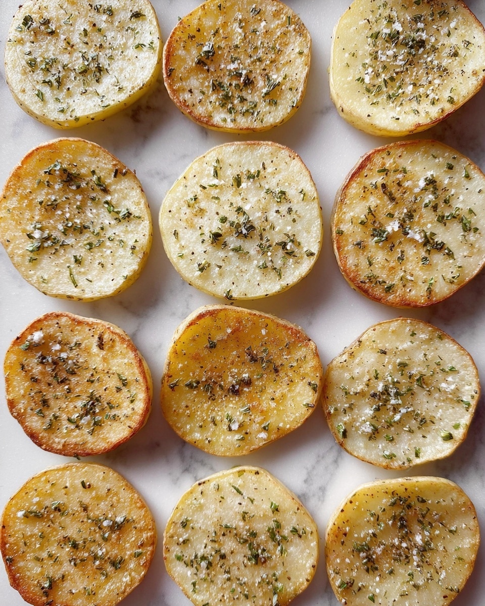 There are fifteen round slices of potato, arranged in five rows and three columns on a white marbled surface. Each slice is seasoned with scattered green herbs and a sprinkling of coarse salt. The slices vary slightly in color, with some showing a light golden brown toasted edge while others are more pale yellow, indicating different baking or cooking levels. The texture on top looks slightly rough with the visible grains of salt and dried herbs sitting unevenly across the surface. photo taken with an iphone --ar 4:5 --v 7
