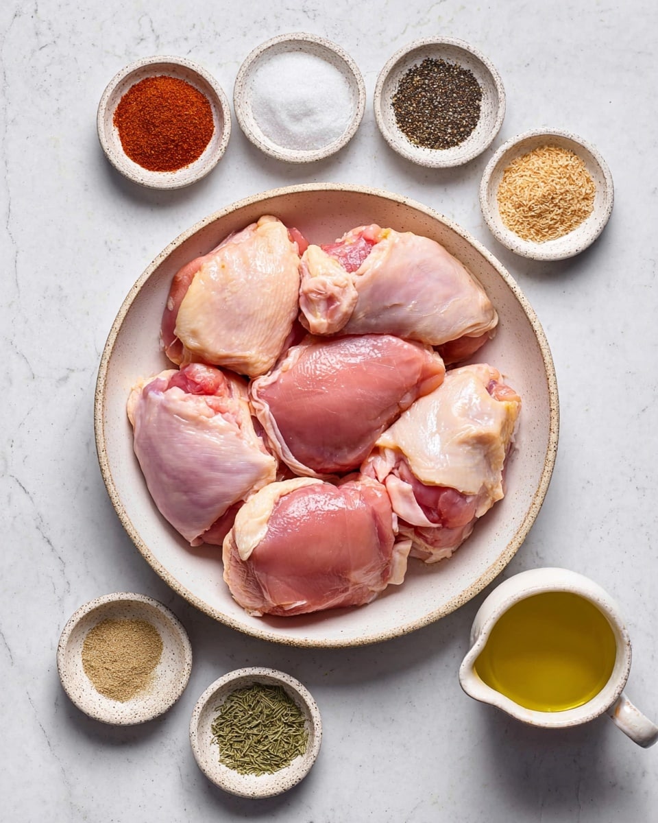 A large white speckled bowl filled with uncooked chicken thighs that have a pink color and bits of white fat; the bowl is centered on a white marbled surface. Around the bowl, seven small white speckled bowls and dishes hold different spices and ingredients: a reddish-brown powdered spice in the top left, black pepper in the top middle, light brown granules in the top right, white granules beside the bottom left, green dried herbs at the bottom center, and a small white pitcher with yellow olive oil on the bottom right. The arrangement forms a loose circle around the main bowl. photo taken with an iphone --ar 4:5 --v 7