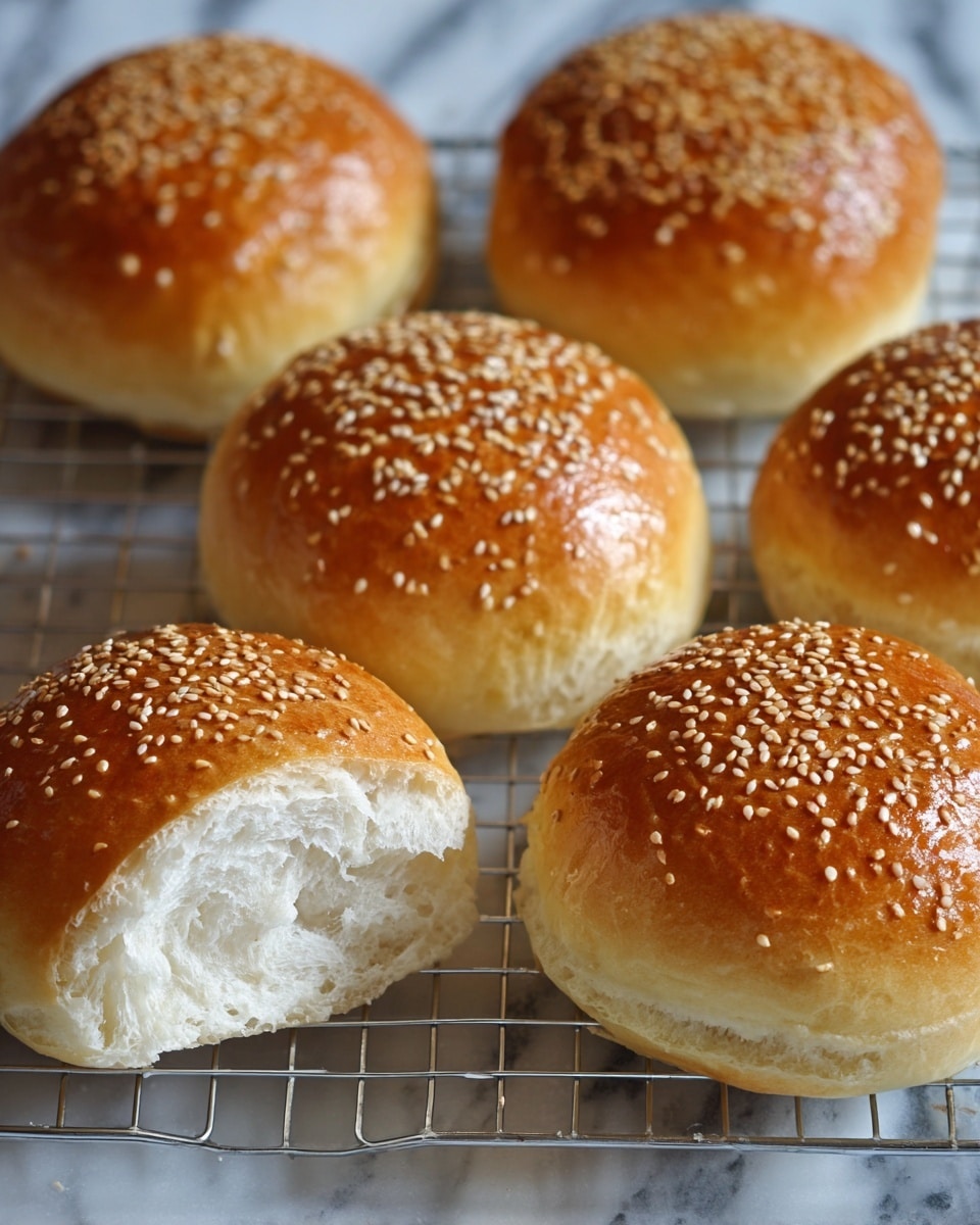 Six shiny golden brown burger buns with sesame seeds on top are placed on a cooling rack over a white marbled surface. Five buns are whole, showing a smooth, shiny top sprinkled with cream-colored sesame seeds. One bun is open, displaying a soft, fluffy white inside with a slightly uneven texture. The buns have a round shape and a light golden color around the edges, transitioning to a deeper brown on top. The scene is focused on the buns with a close-up view that highlights their texture and color. Photo taken with an iphone --ar 4:5 --v 7