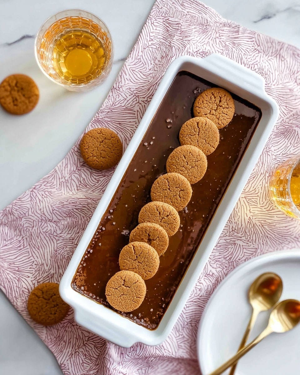 A long white rectangular dish holds a dark brown, glossy rectangular dessert. On top of the dessert, six light brown round cookies with cracked surfaces are evenly placed in a single row in the center. The dish is on a white marbled surface partially covered by a pink cloth with white geometric patterns. Around the dish, more cookies are scattered on the surface and cloth. To the side, there is a white plate with two gold-colored spoons and a glass with a golden liquid. Photo taken with an iphone --ar 4:5 --v 7