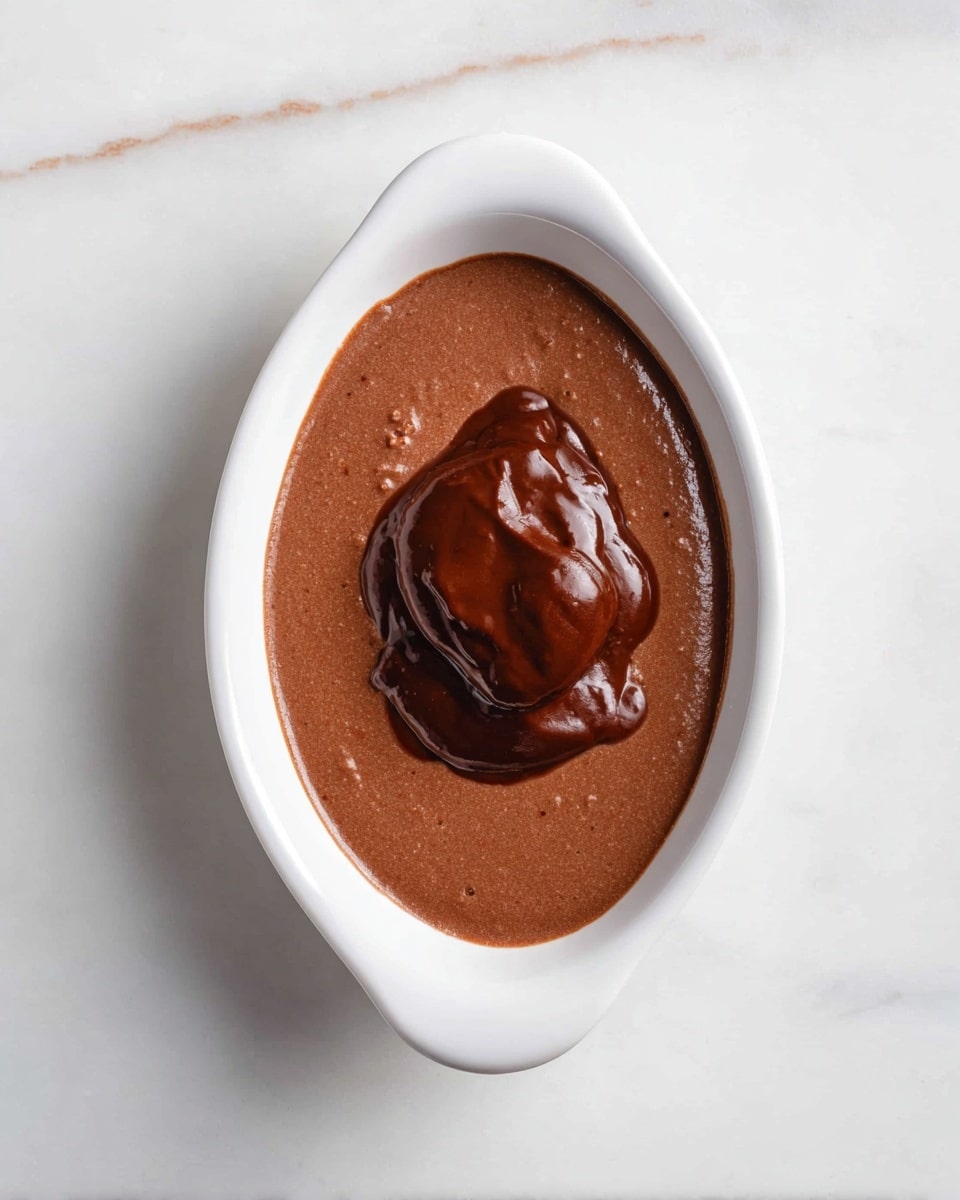 A white oval dish holds two layers of smooth chocolate pudding. The bottom layer is a lighter brown, filling the whole dish evenly, with a glossy darker brown dollop of thick chocolate pudding sitting in the center on top. The dish is placed on a white marbled surface. photo taken with an iphone --ar 4:5 --v 7