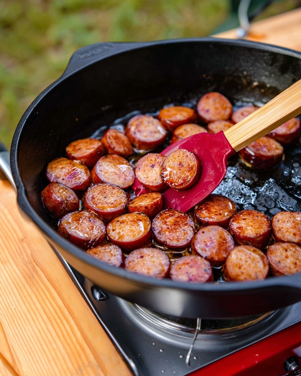 A black cast iron pan filled with about 30 round slices of cooked sausage, each piece showing a golden brown crispy edge and a juicy, slightly glossy texture. A red silicone spatula with a wooden handle is lifting some sausage slices on the right side of the pan. The sausages are arranged in a single layer on the bottom, resting on a shiny, lightly oily surface inside the pan. The pan is placed on a portable stove with a red and silver base, sitting on a wooden table outside, with a blurred background of green grass. photo taken with an iphone --ar 4:5 --v 7