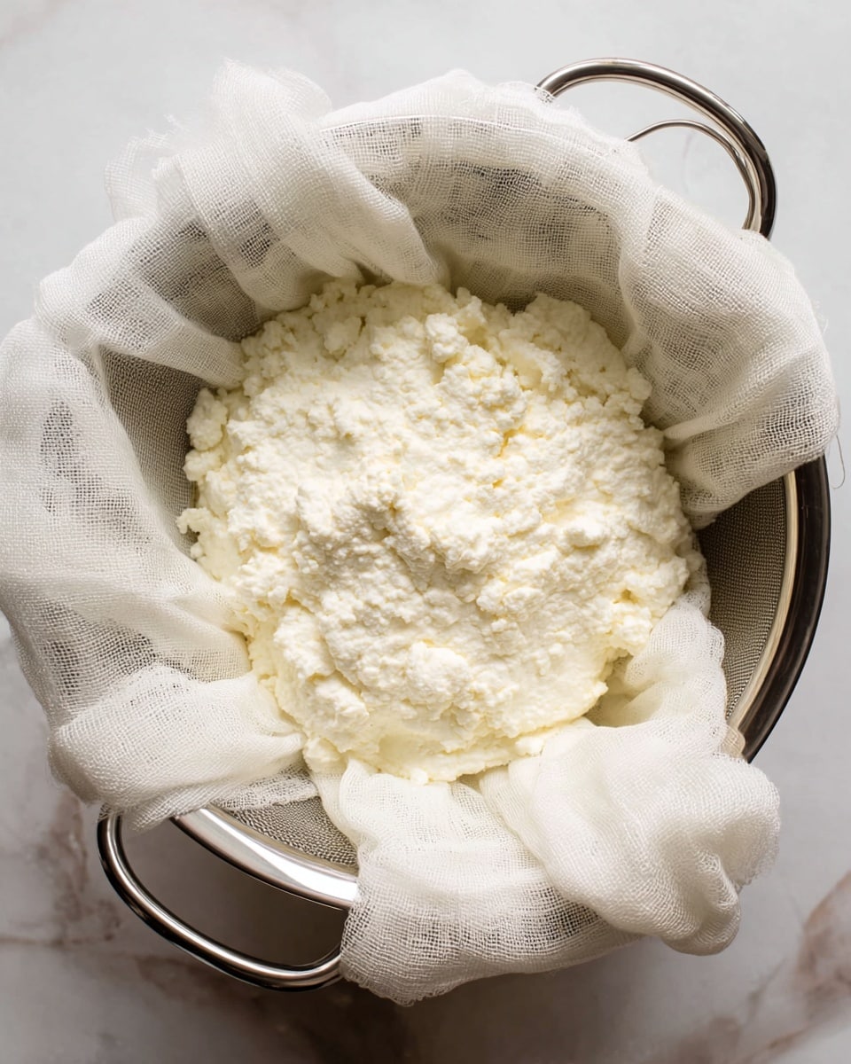 This image shows soft, white curdled cheese resting in a layer of white, loosely woven cheesecloth inside a shiny metal strainer with two handles. The cheese forms a thick, uneven mound with a rough, lumpy texture in the center. The cheesecloth drapes over the edges of the strainer, creating soft folds and a delicate, translucent fabric texture. The strainer sits on a white marbled surface that adds a clean and bright background to the scene. photo taken with an iphone --ar 4:5 --v 7