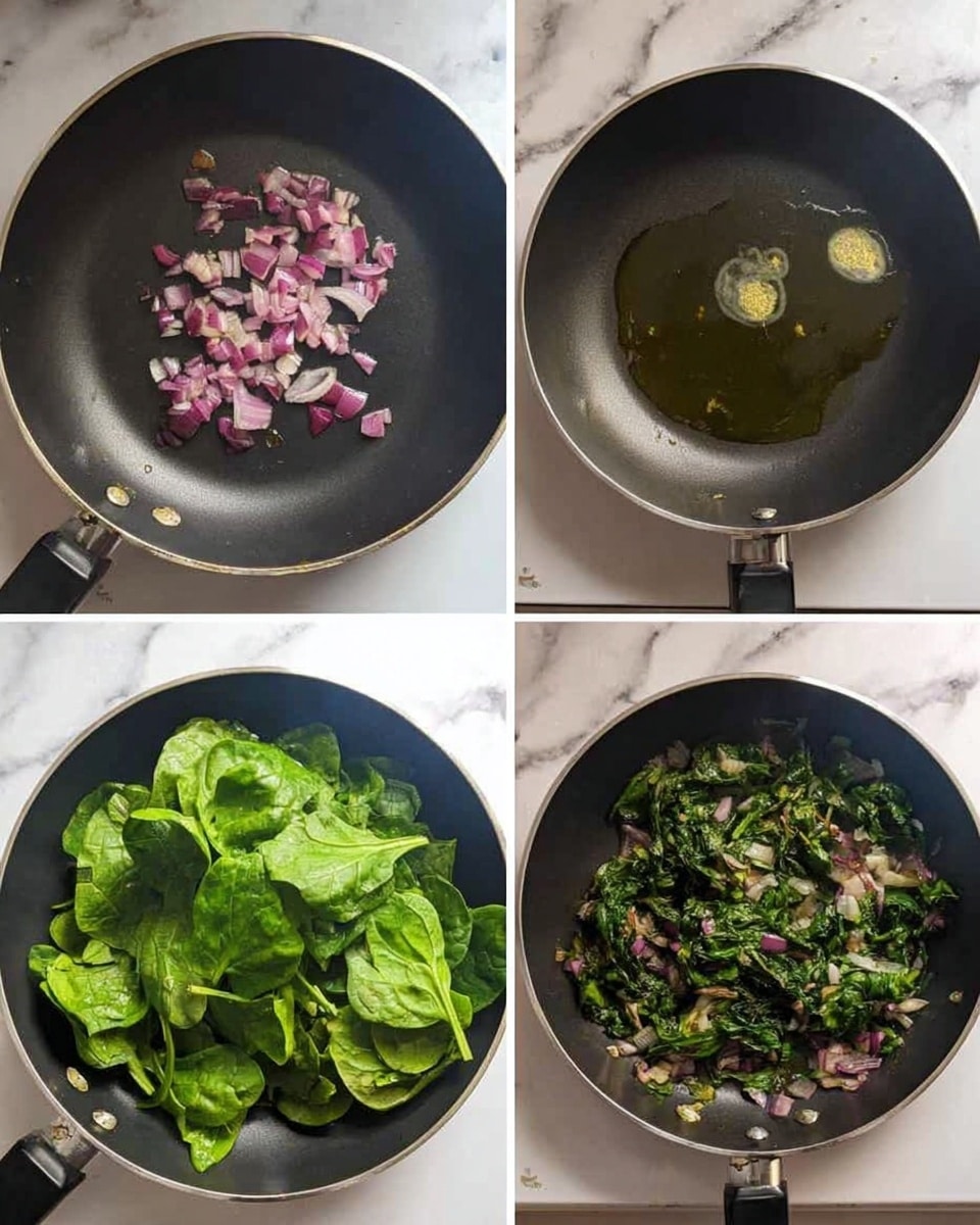 Four images show steps of cooking in a black pan on a white marbled surface. Top left image has small chopped purple and white onions spread at the bottom of the pan. Top right image shows clear oil spread in the pan. Bottom left image shows large fresh green leafy vegetables piled up inside the pan with some onions underneath. Bottom right image shows cooked green leafy vegetables mixed with softened onions spread evenly in the pan. photo taken with an iphone --ar 4:5 --v 7