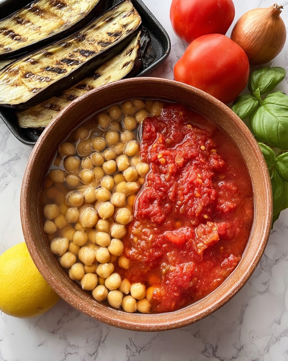 A brown bowl filled with two layers: one side has a bright red chunky tomato sauce and the other side has pale beige chickpeas in clear liquid. The bowl sits on a white marbled surface. Behind it, there is a black grill tray holding light brown eggplant slices with dark purple skin and sprinkled lightly with salt. Nearby on the white marbled surface, there are two whole red tomatoes, one yellow lemon, one light brown onion, and a small bunch of green basil leaves visible on the right edge. Photo taken with an iphone --ar 4:5 --v 7