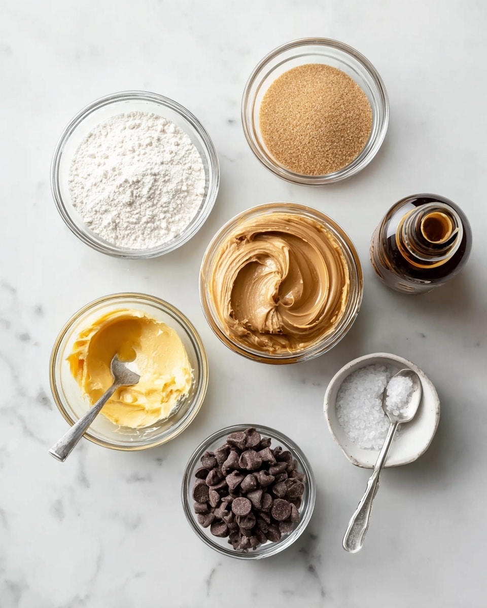 The image shows seven small white bowls arranged on a white marbled surface. Each bowl contains a different ingredient: a bowl of light brown sugar granules, a bowl of white powdered sugar, a bowl of melting yellow butter, a bowl of dark brown chocolate chips, and a small bowl of coarse white salt. There is also a jar of creamy light brown peanut butter with a swirled top in the middle. A small bottle of vanilla extract and an old silver spoon lie near the bowls. All items are neatly placed with soft, natural lighting highlighting their textures and colors. photo taken with an iphone --ar 4:5 --v 7
