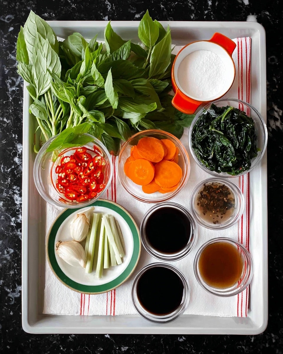 A white tray lined with a white cloth with red stripes holds several ingredients neatly arranged; on the left side, there is a bunch of fresh green leafy herbs with smooth elongated leaves. Toward the top left are four small clear glass bowls with different dark and light brown sauces. Centered near the top is a small white bowl with red handles filled with white granulated sugar. On the right side, a bunch of green leafy vegetables with thick stems lies near the sugar bowl. Below that is a clear glass bowl filled with bright orange carrot sticks. Under the carrot bowl, another small clear bowl contains three red chili peppers and white garlic cloves. In the center on a small white dish with a green rim rest fresh green peppercorns and pale beige thin slices of ginger. The whole scene is set against a dark surface with a white marbled texture visible just outside the tray edges. photo taken with an iphone --ar 4:5 --v 7