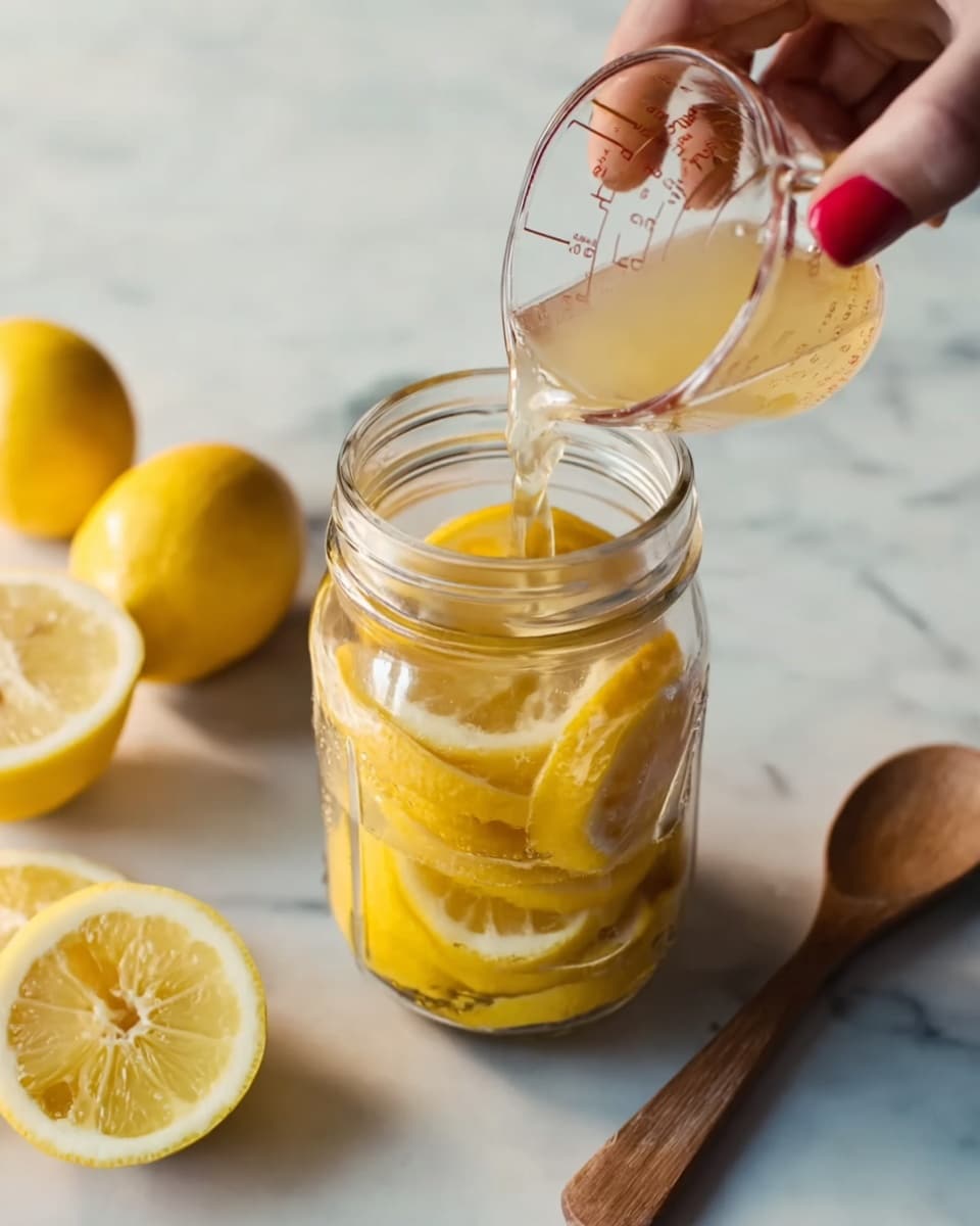A clear glass jar is filled with several bright yellow lemon slices, stacked inside and visible through the glass. A woman's hand with red nail polish pours a pale yellow liquid from a small glass measuring cup into the jar. Around the jar on a white marbled surface, there are lemon halves with their bright yellow flesh showing and a wooden spoon with a dark brown texture lying flat. The scene is softly lit, giving focus to the fresh citrus and the pouring action. photo taken with an iphone --ar 4:5 --v 7