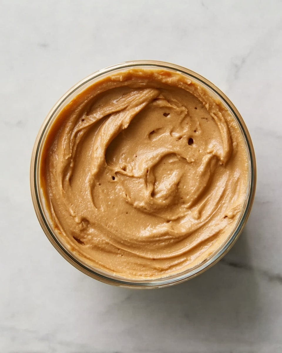 A close-up top view of a small round glass bowl filled with smooth, creamy peanut butter that has a light brown color and a few tiny crunchy bits, sitting on a white marbled surface. The peanut butter shows gentle swirls and a slight drip, giving it a soft, thick texture. photo taken with an iphone --ar 4:5 --v 7