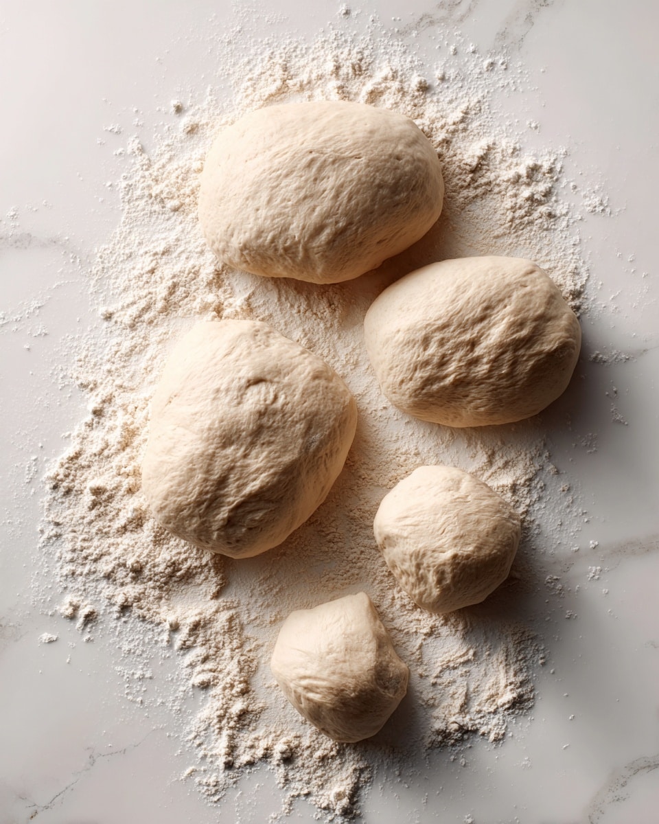 A scene of dough preparation on a white marbled surface dusted with flour shows two dough balls placed to the top right and one slightly flattened round dough piece toward the center right. A round flattened dough is being rolled out in the center by a wooden rolling pin held by a woman's hand positioned on the left side of the pin and another woman's hand on the right side near the edge of the dough. The dough is light brown, smooth, and evenly flattened, while the rolling pin is a light wooden color. The flour is scattered unevenly around the dough and hands, adding texture. photo taken with an iphone --ar 4:5 --v 7