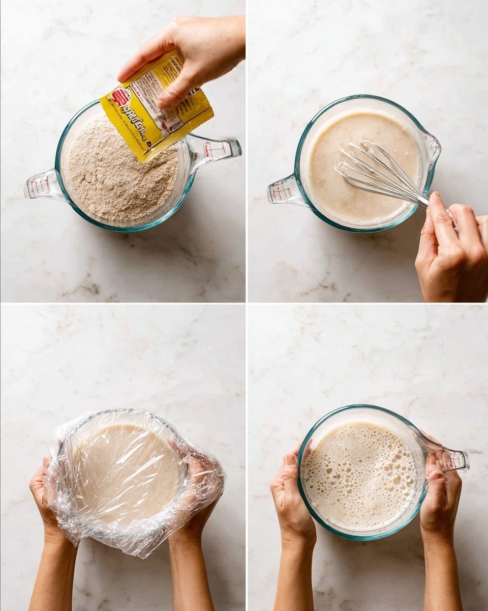 A clear glass measuring cup with a handle is placed on a white marbled surface, shown in four steps: top left shows a woman's hand pouring dry beige yeast from a bright yellow packet into a milky white liquid; top right shows a woman's hands holding the cup and stirring gently with a silver whisk, mixing the yeast and liquid into a frothy mixture with small bubbles; bottom left shows a woman's hands holding the cup covered with clear plastic wrap over the liquid that has started to foam slightly; bottom right shows the cup with a thick layer of bubbly, light beige foam covering the surface of the liquid inside. Photo taken with an iphone --ar 4:5 --v 7