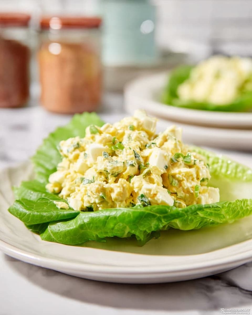 A white plate holds a single large green lettuce leaf as the base layer, with a chunky yellow and white egg salad piled on top; the egg salad has small pieces of chopped egg white and yolk mixed with a light dressing and hints of herbs, giving it texture and slight green specks. The background is a white marbled surface, with blurred jars and another plate to the side. Photo taken with an iphone --ar 4:5 --v 7