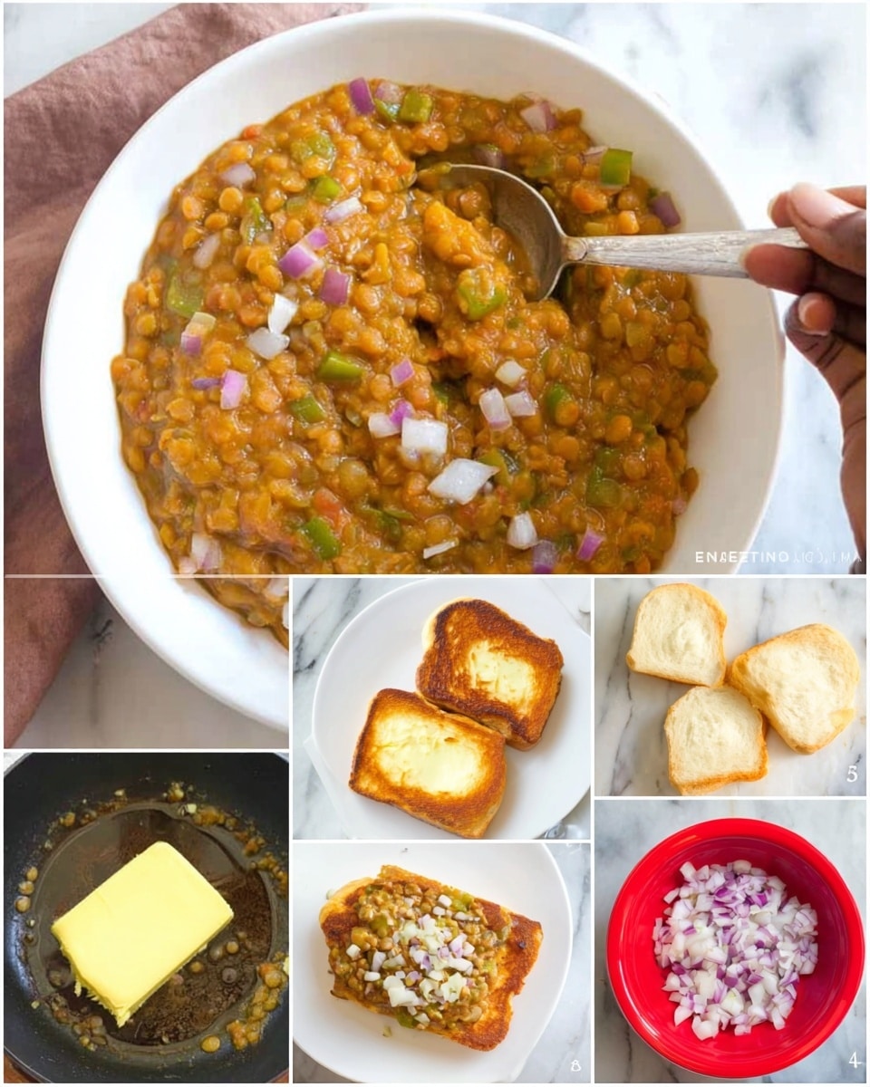 The image shows a close-up of a white bowl filled with a thick, chunky orange-brown lentil stew mixed with chopped green peppers and topped with small pieces of purple and white onion. The bowl is on a white marbled surface with a woman's hand holding a spoon inside the bowl, ready to scoop. Around the main image are five smaller photos showing the cooking process: number one shows three white bread pieces on a white plate, number two shows a yellow butter cube melting in a black pan, number three and four show two pieces of white bread toasting in the pan with melted butter until golden brown, and number five shows the cooked bread topped with the lentil stew and chopped onions with a red and white bowl of finely chopped white onions on the side. Photo taken with an iphone --ar 4:5 --v 7