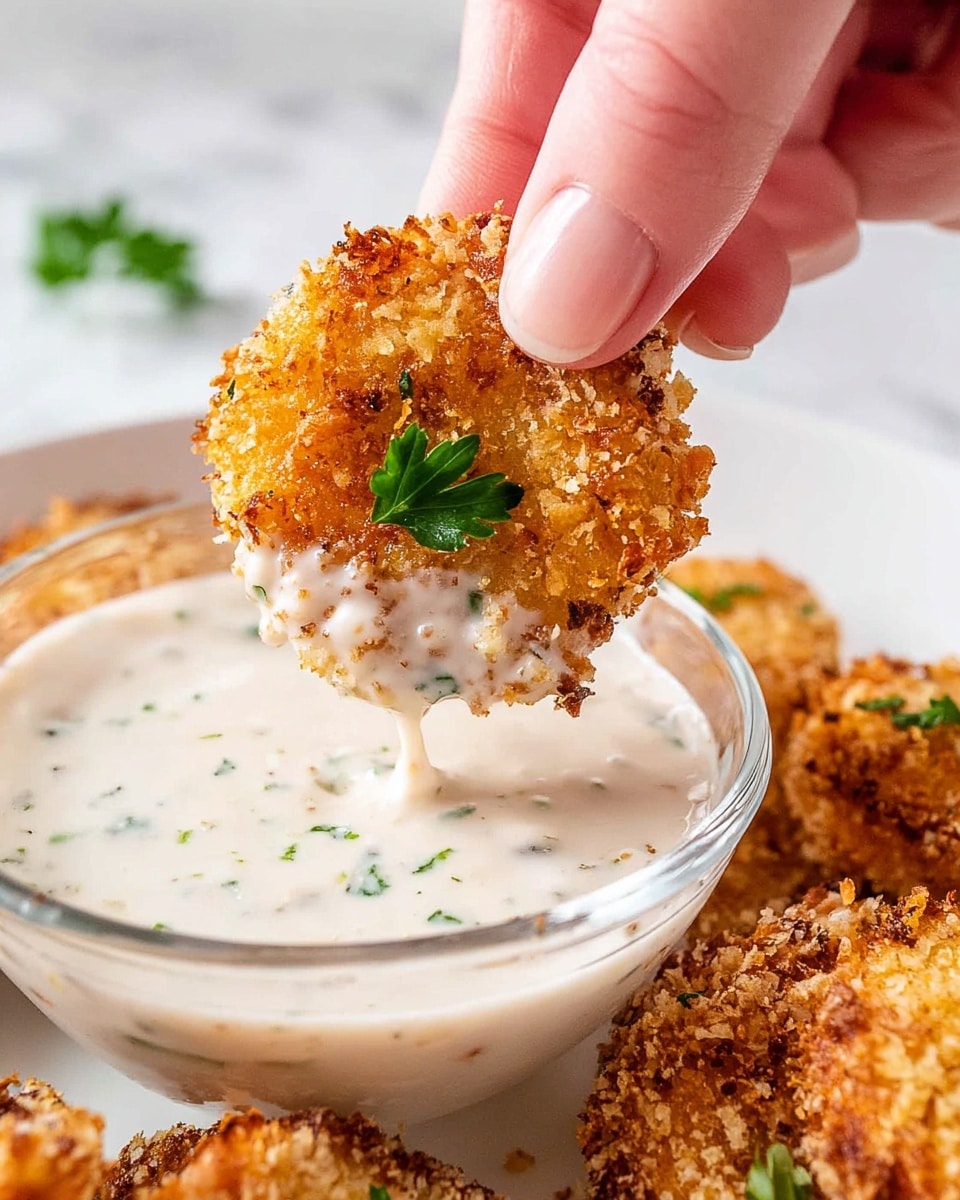 On a white plate with a dotted rim, there is a pile of golden-brown breaded pieces, each with a rough, crunchy texture and small green parsley leaves sprinkled on top for color. Next to the breaded pieces is a small clear glass bowl filled with a creamy white sauce that has tiny green herb specks and a few parsley leaves on the surface. The plate sits on a white marbled surface. photo taken with an iphone --ar 4:5 --v 7
