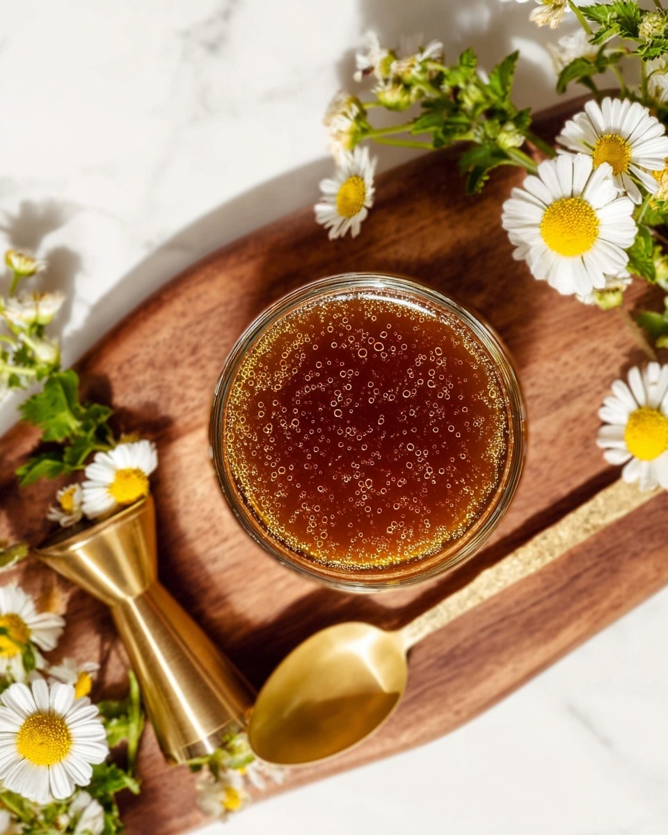 A close top view of a small glass filled with brown honey with tiny bubbles on the surface, placed on a wooden board. Around the board are white daisies with yellow centers and green leaves. A golden spoon and a shiny gold jigger are placed diagonally, also on the wooden board. The background is a white marbled surface with soft natural light. photo taken with an iphone --ar 4:5 --v 7