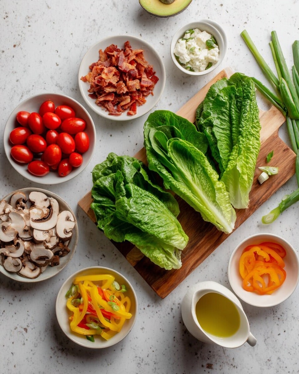 The image shows a wooden board on a white marbled surface with fresh green romaine lettuce leaves and green onions placed on it. Around the board, there are small white bowls containing different ingredients: bright red cherry tomatoes, chopped cooked bacon bits, sliced mushrooms, white sauce, yellow and red bell pepper strips, and a small bowl of orange dressing or sauce. A halved avocado with its green flesh and brown seed is also present next to the bowls. A woman's hand holds a small white pitcher filled with a golden yellow liquid, possibly oil or dressing. The overall setting is clean and fresh, with fresh vegetables and colorful ingredients spread neatly. photo taken with an iphone --ar 4:5 --v 7