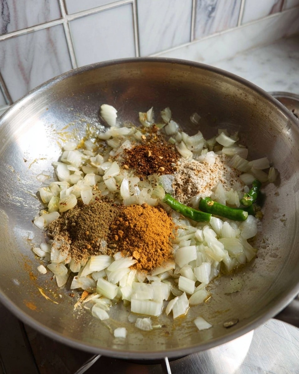 Inside a shiny silver pan, there is a mix of chopped white onions lightly cooked to a translucent color, scattered green chili slices, and four piles of dry spices placed on top: one light brown, one dark brown, one yellowish-orange, and one white. The pan shows some small toasted pieces of onion and spices, with a bit of oil glistening around. The background is a white marbled surface with a tiled wall behind the stove. photo taken with an iphone --ar 4:5 --v 7