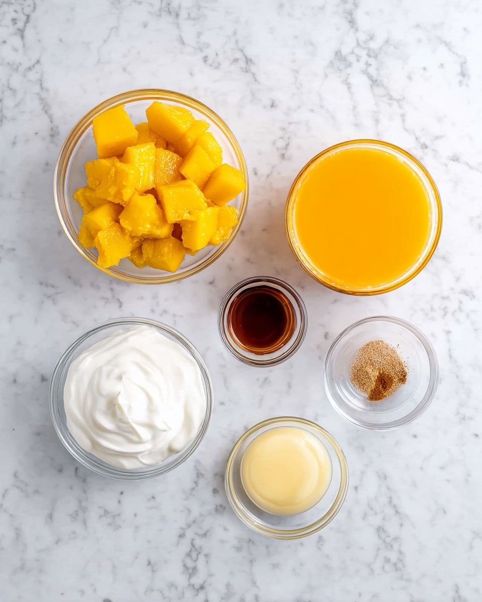 The image shows six clear glass bowls on a white marbled surface, each containing different ingredients. At the top left, there is a bowl filled with bright yellow frozen mango chunks. To the right of it is a larger bowl of orange juice with a smooth, vibrant surface. Below the mango bowl is a small bowl with dark brown vanilla extract, and diagonally down to the right is another small bowl holding a dollop of pale yellow honey. At the bottom left is a bowl filled with thick white yogurt, and next to it on the right is a tiny bowl containing a small pile of light brown ground spice. The bowls are neatly arranged in a loose diamond shape, showcasing a variety of textures and colors. photo taken with an iphone --ar 4:5 --v 7